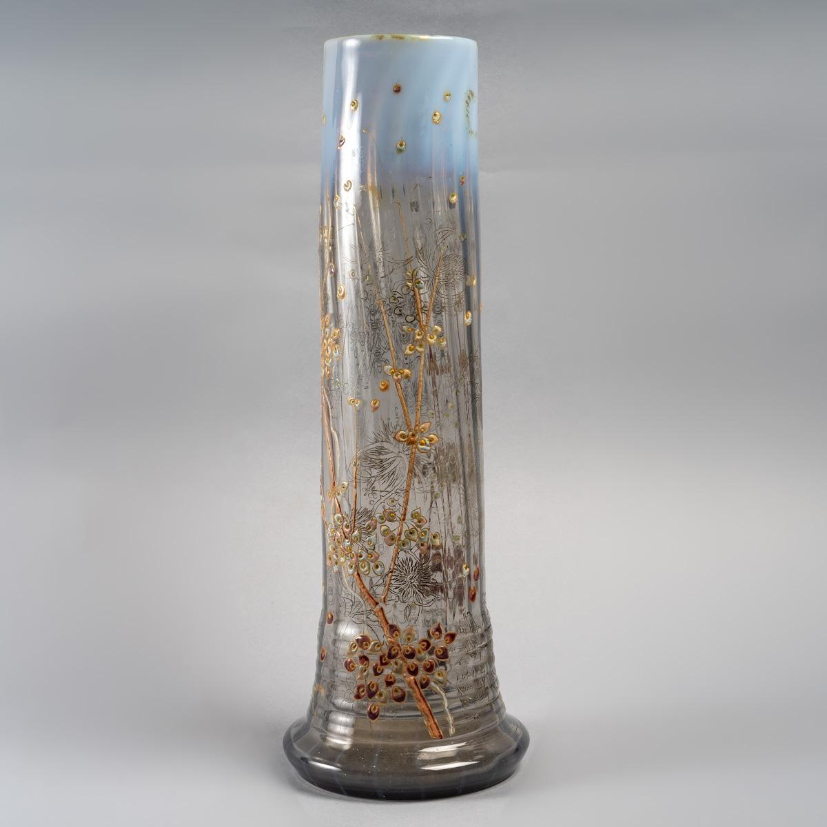 Art Nouveau Emile Gallé Vase Grey & Opalescent Glass Engraved Thistles Enameled Snowberries