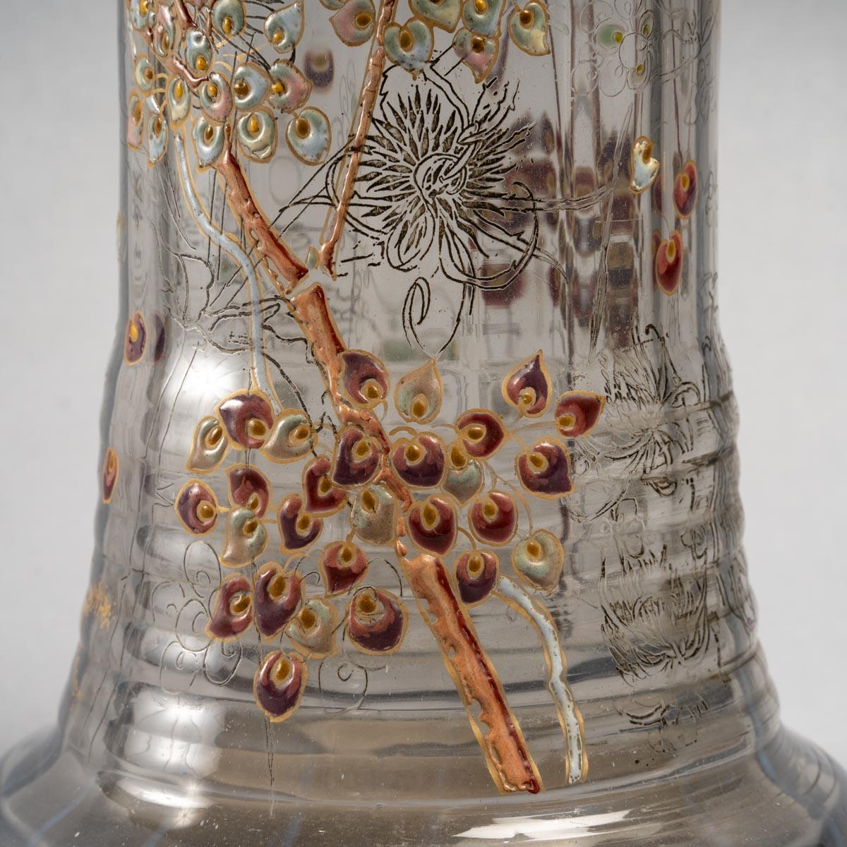 French Emile Gallé Vase Grey & Opalescent Glass Engraved Thistles Enameled Snowberries
