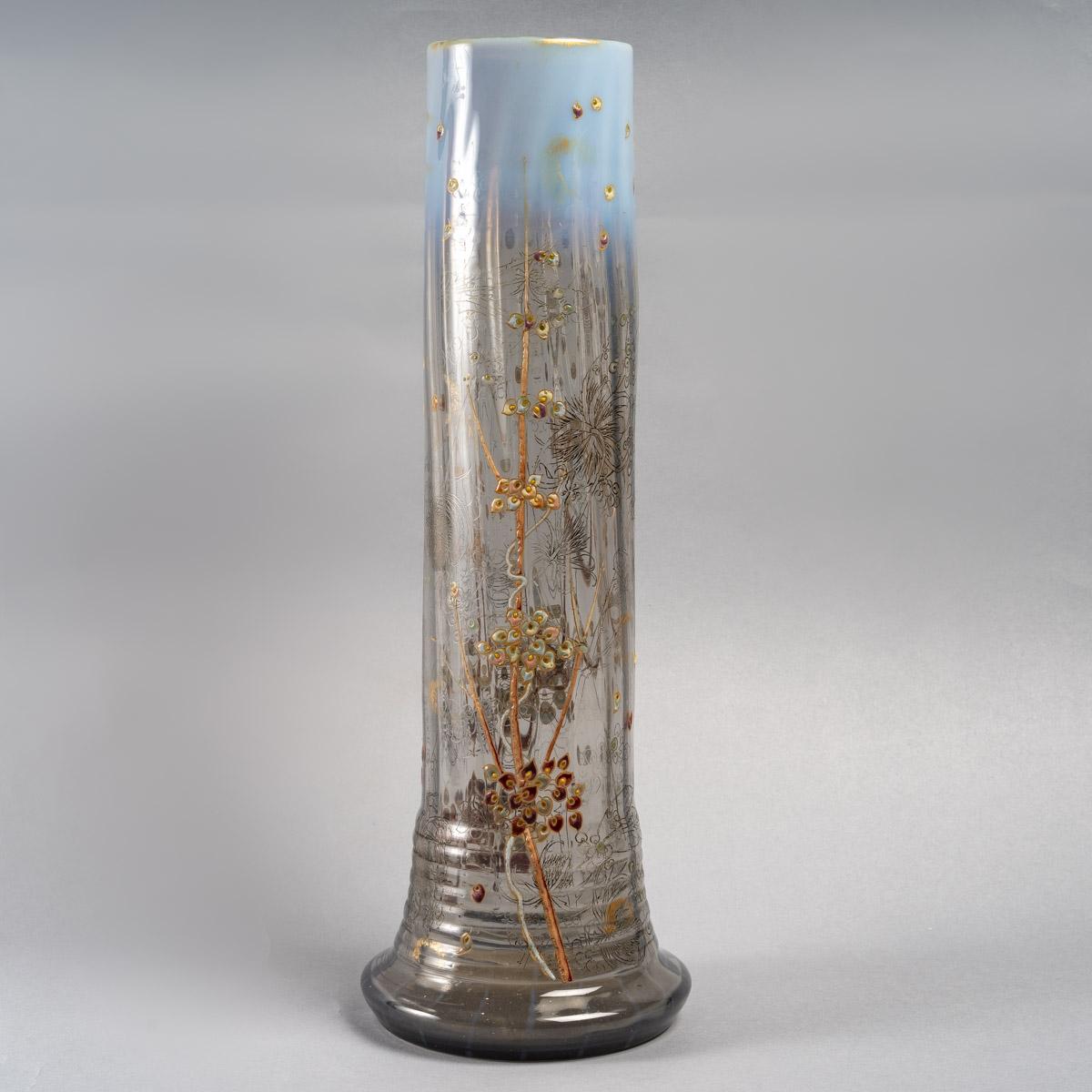 Late 19th Century Emile Gallé Vase Grey & Opalescent Glass Engraved Thistles Enameled Snowberries
