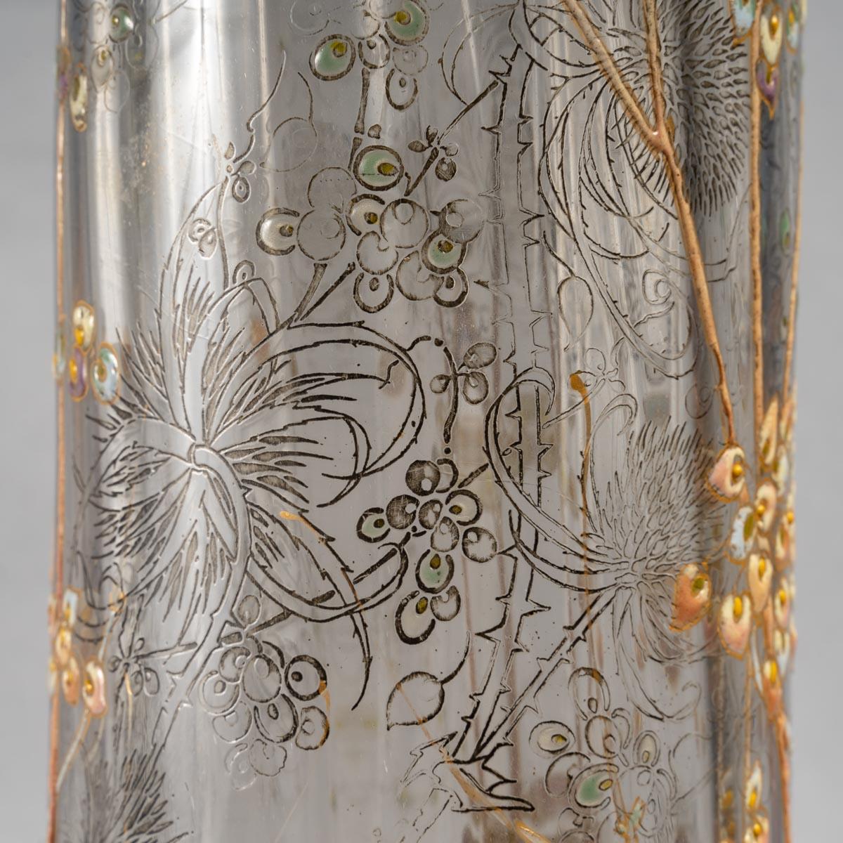 Emile Gallé Vase Grey & Opalescent Glass Engraved Thistles Enameled Snowberries 1
