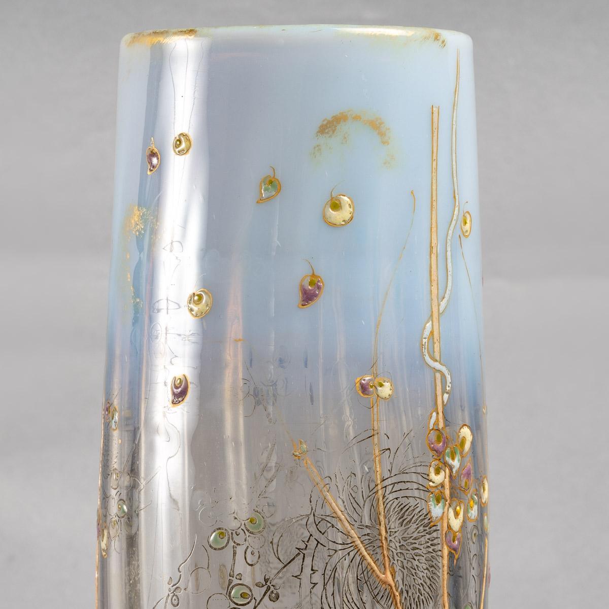 Emile Gallé Vase Grey & Opalescent Glass Engraved Thistles Enameled Snowberries 2