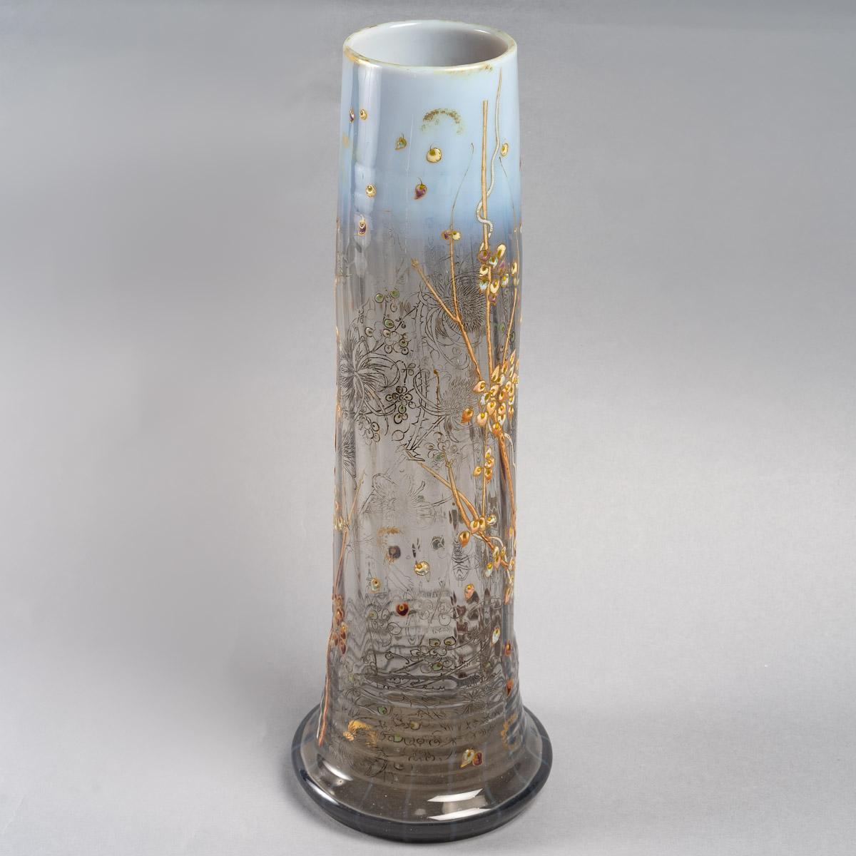 Emile Gallé Vase Grey & Opalescent Glass Engraved Thistles Enameled Snowberries 3