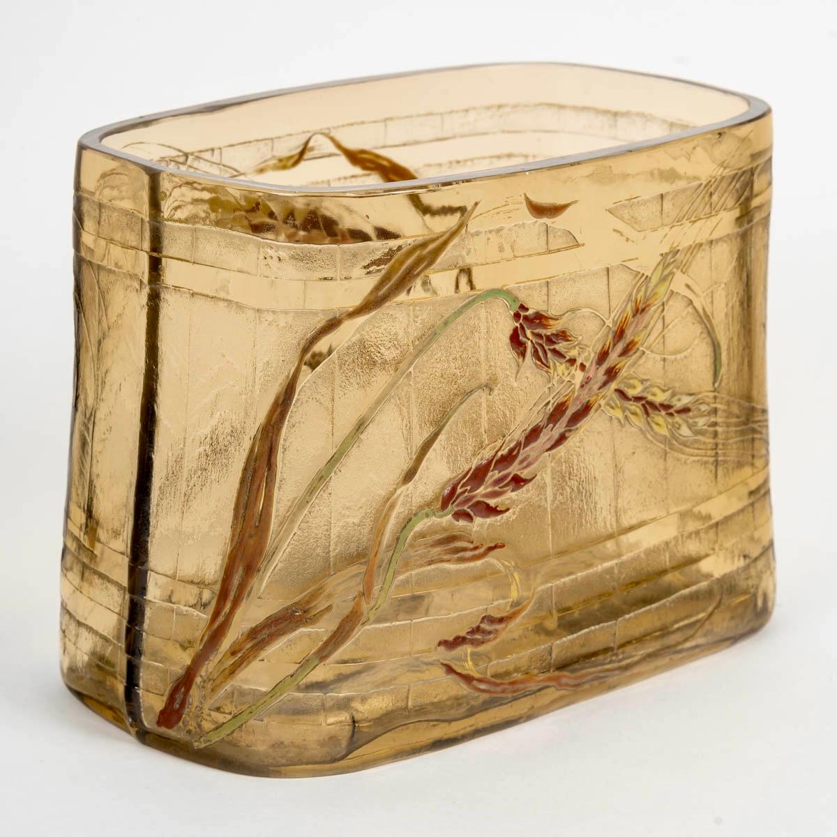 Art Nouveau Emile Gallé - Vaso Jardiniere Epis De Ble Wheat Ears in vetro smaltato color ambra in vendita