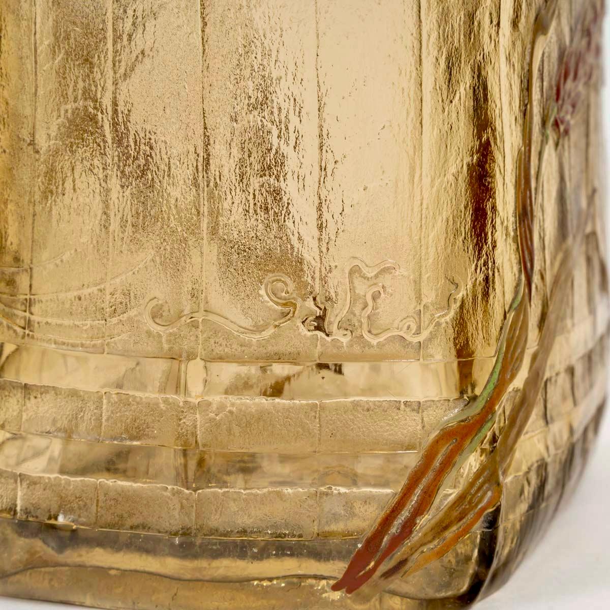 Fine XIX secolo Emile Gallé - Vaso Jardiniere Epis De Ble Wheat Ears in vetro smaltato color ambra in vendita