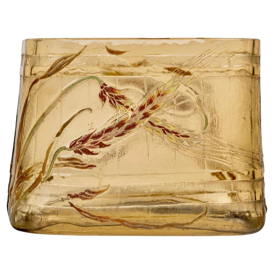 Emile Gallé - Vase Jardiniere Epis De Ble Wheat Ears Amberred Enameled Glass