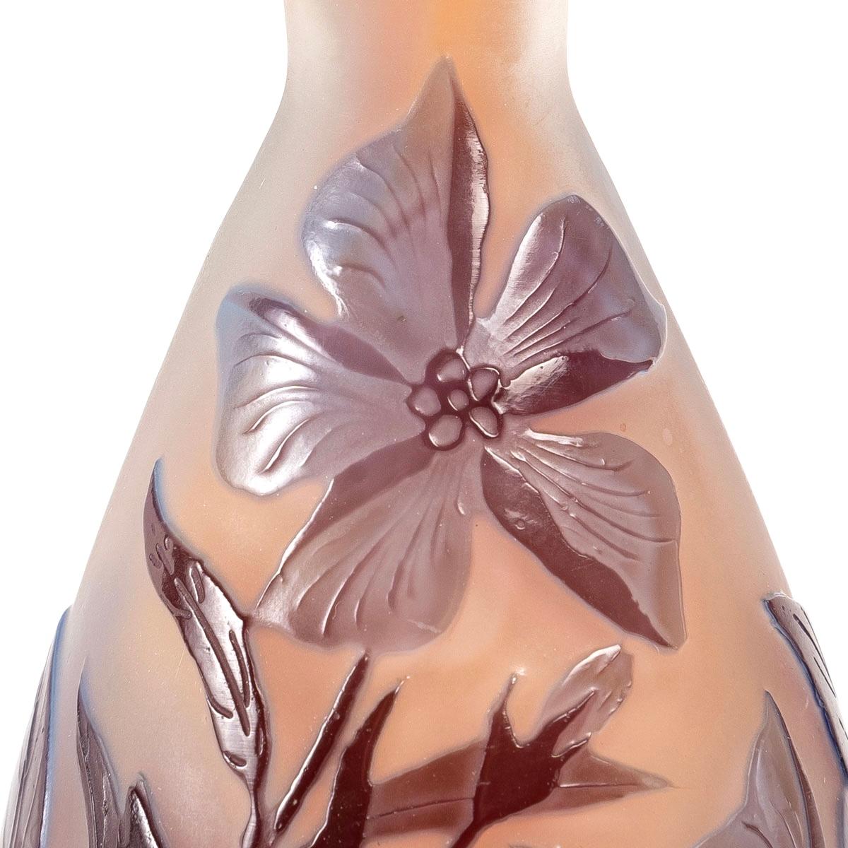 Art Nouveau Emile Gallé, Vase Violet Flowers Multilayer Cameo Acid-Etched Glass