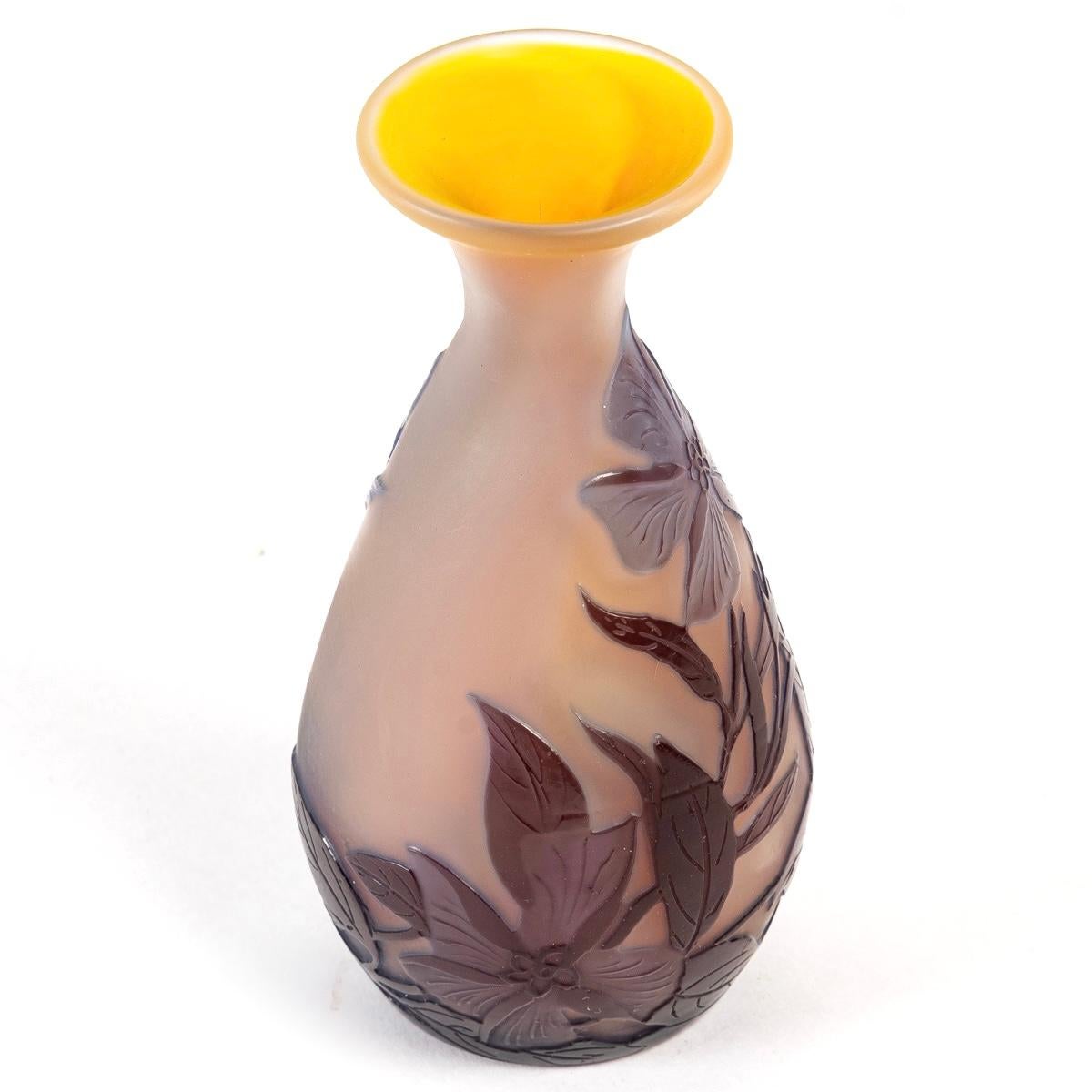 French Emile Gallé, Vase Violet Flowers Multilayer Cameo Acid-Etched Glass
