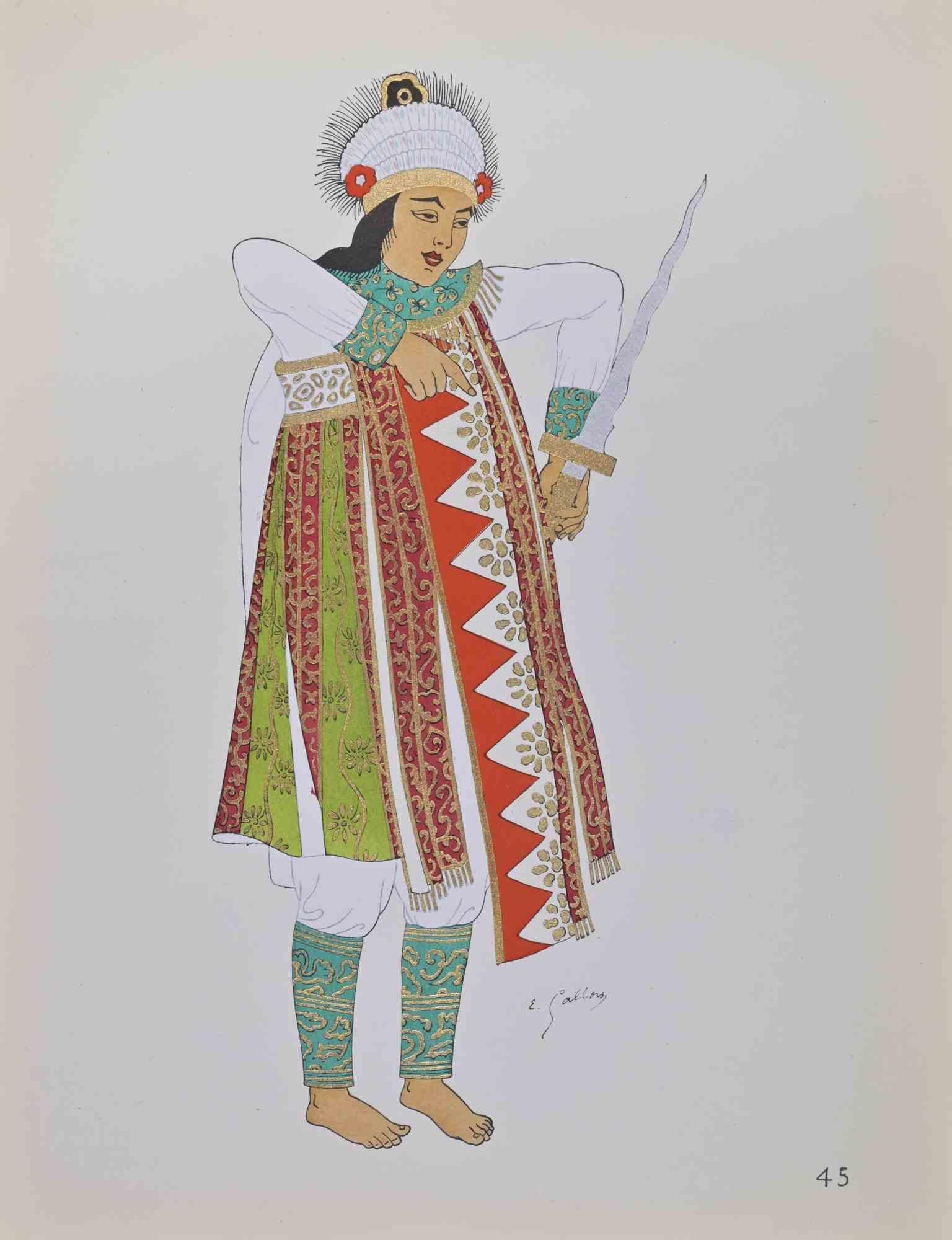 Litografia e pochoir realizzati da Emile Gallois a metà del XX secolo circa per illustrare i costumi indonesiani.

Firmato nel piatto.

Pubblicato da H. Laurens, Parigi.

Ottime condizioni.
