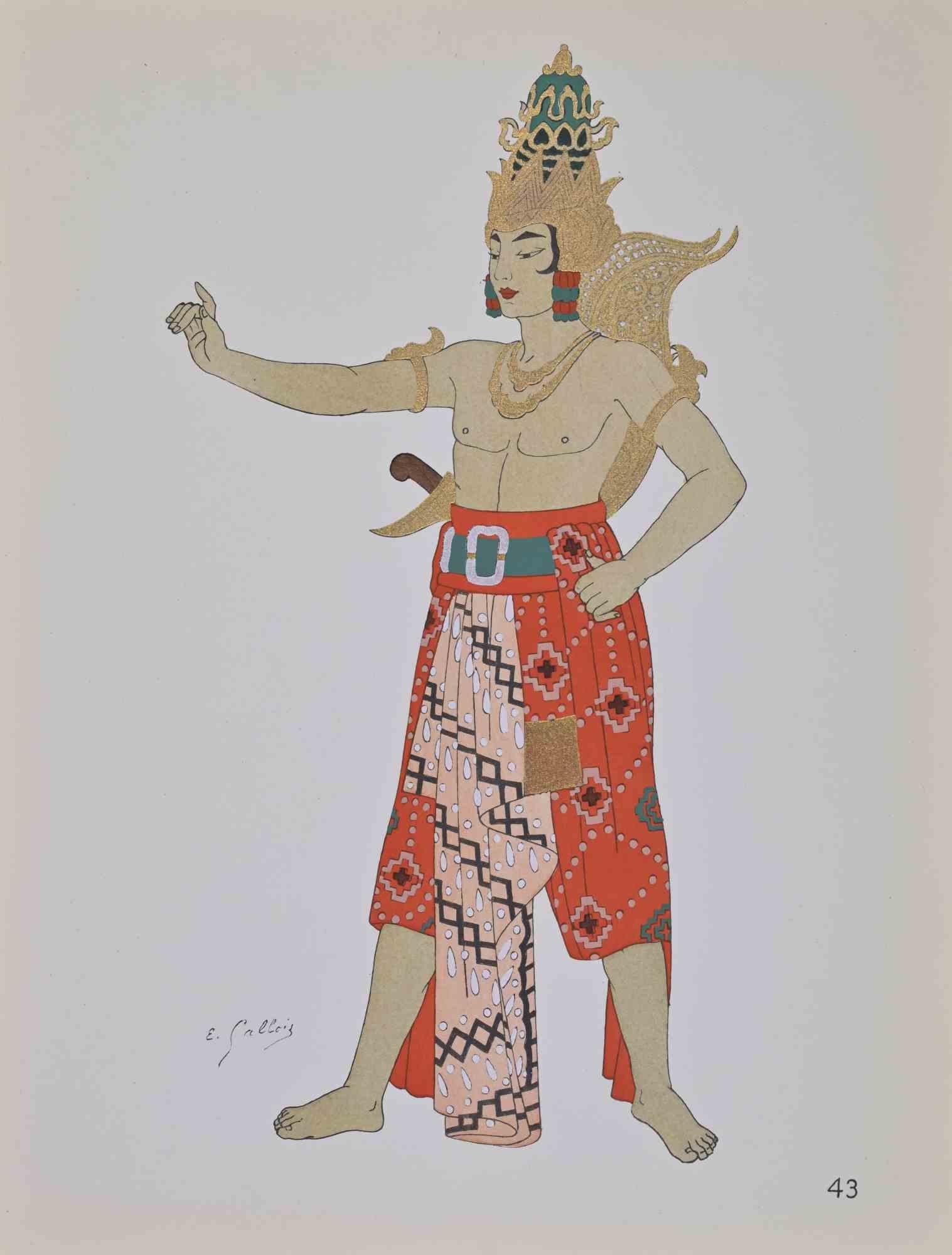 Litografía y pochoir realizados por Emile Gallois a mediados del siglo XX ca. para ilustrar trajes indonesios.

Firmado en la placa.

Publicado por H. Laurens, París.

Muy buen estado.

