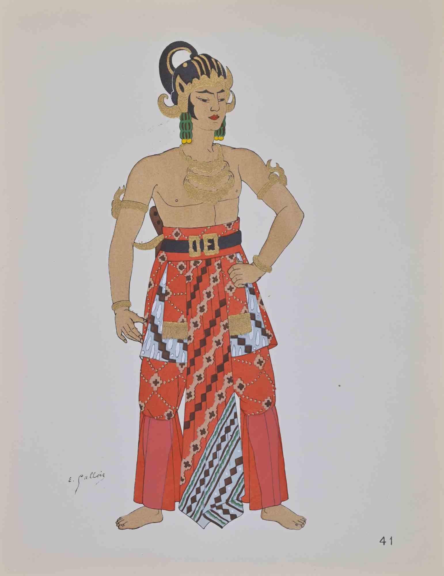 Litografia e pochoir realizzati da Emile Gallois a metà del XX secolo circa per illustrare i costumi indonesiani.

Firmato nel piatto.

Pubblicato da H. Laurens, Parigi.

Ottime condizioni.
