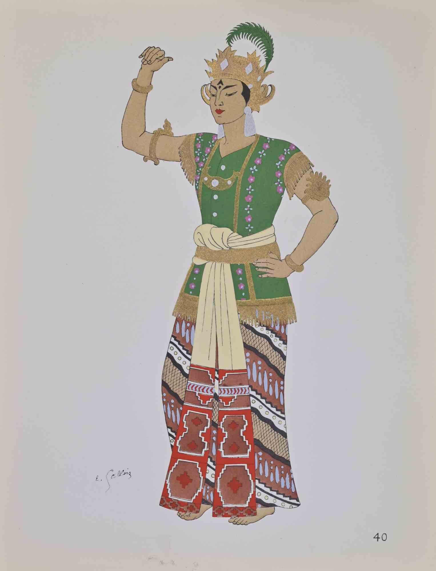 Litografia e pochoir realizzati da Emile Gallois a metà del XX secolo circa per illustrare i costumi indonesiani.

Firmato nel piatto.

Pubblicato da H. Laurens, Parigi.

Ottime condizioni.