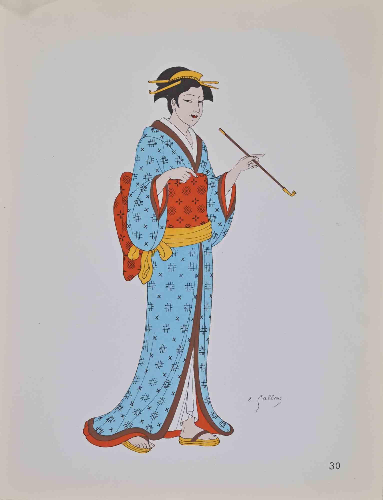 Japanisches Kostüm – Lithographie von Emile Gallois – Mitte des 20. Jahrhunderts
