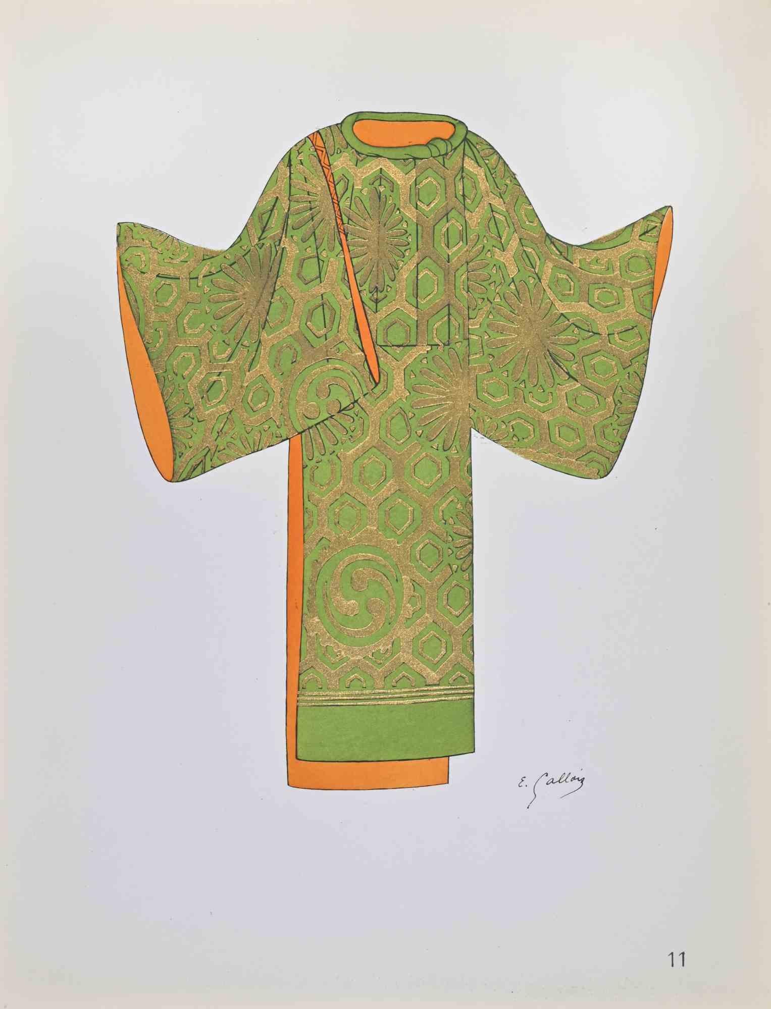 Litografía y pochoir realizados por Emile Gallois a mediados del siglo XX ca. para ilustrar trajes japoneses.

Firmado en la placa.

Publicado por H. Laurens, París.

Muy buen estado.


