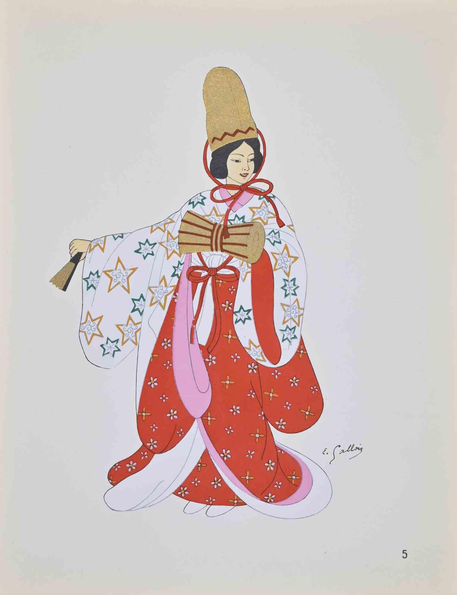Lithograph and pochoir realized by Emile Gallois in the mid-20th Century ca. to illustrate japanese costumes.

Signed in the plate.

Published by H. Laurens, Paris.

Very good condition.






