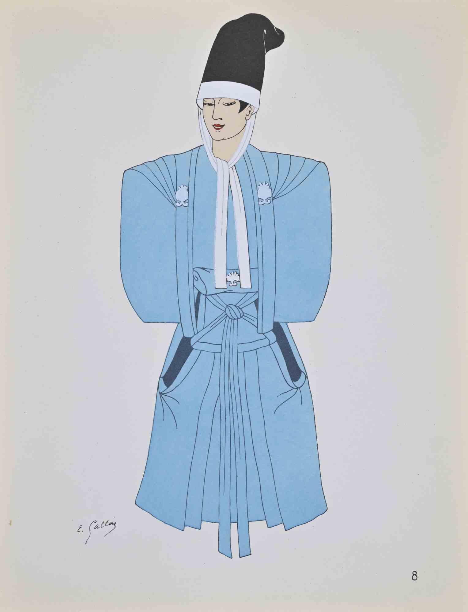 Litografía y pochoir realizados por Emile Gallois a mediados del siglo XX ca. para ilustrar trajes japoneses.

Firmado en la placa.

Publicado por H. Laurens, París.

Muy buen estado.





