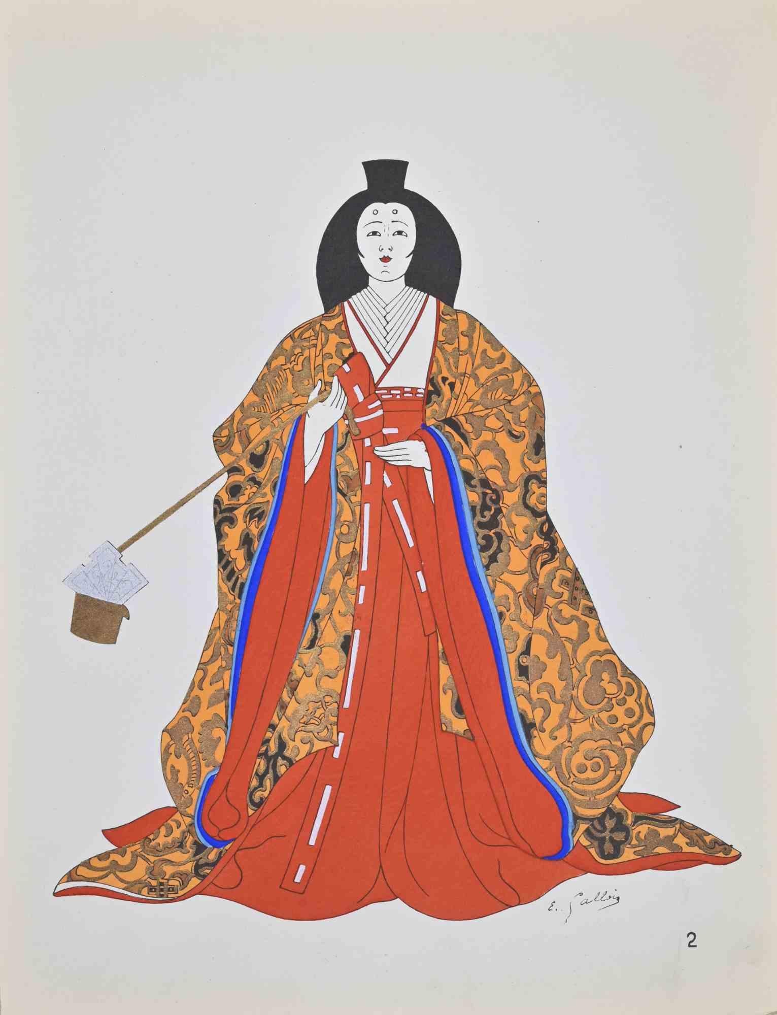 Litografía y pochoir realizados por Emile Gallois a mediados del siglo XX ca. para ilustrar trajes japoneses.

Firmado en la placa.

Publicado por H. Laurens, París.

Muy buen estado.





