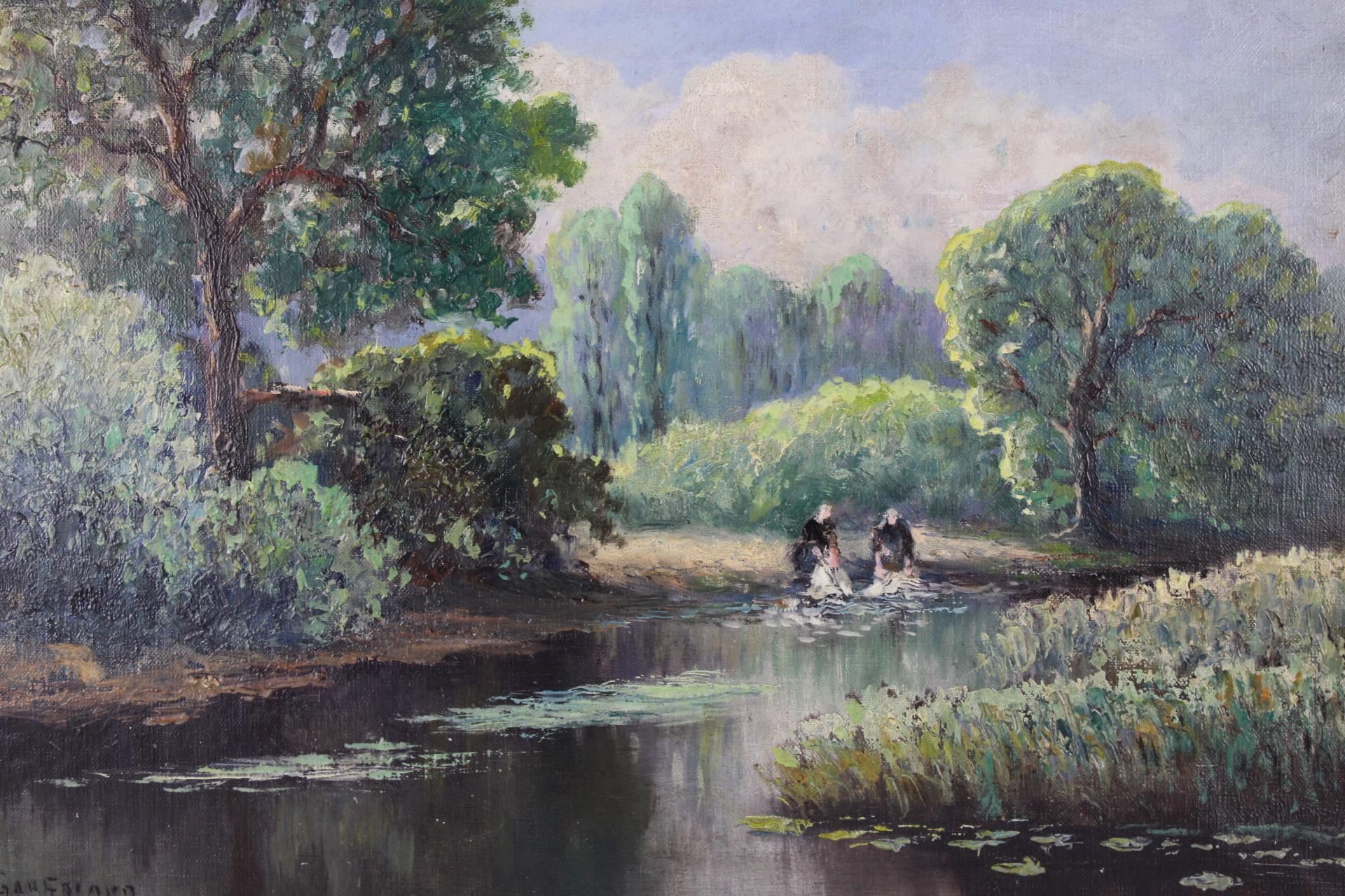 Impressionist landscape, Original Antique Oil on Canvas Washerwomen at the river - Painting by Emile Gauffriaud