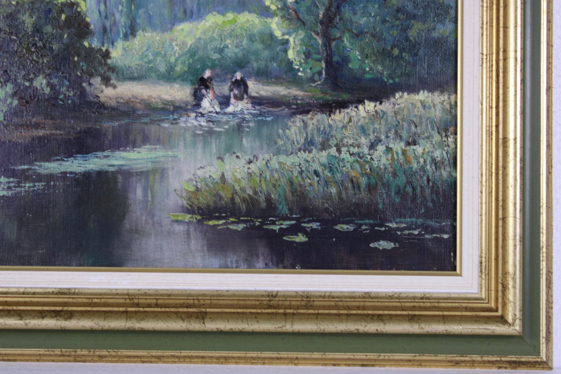 Impressionist landscape, Original Antique Oil on Canvas Washerwomen at the river For Sale 1
