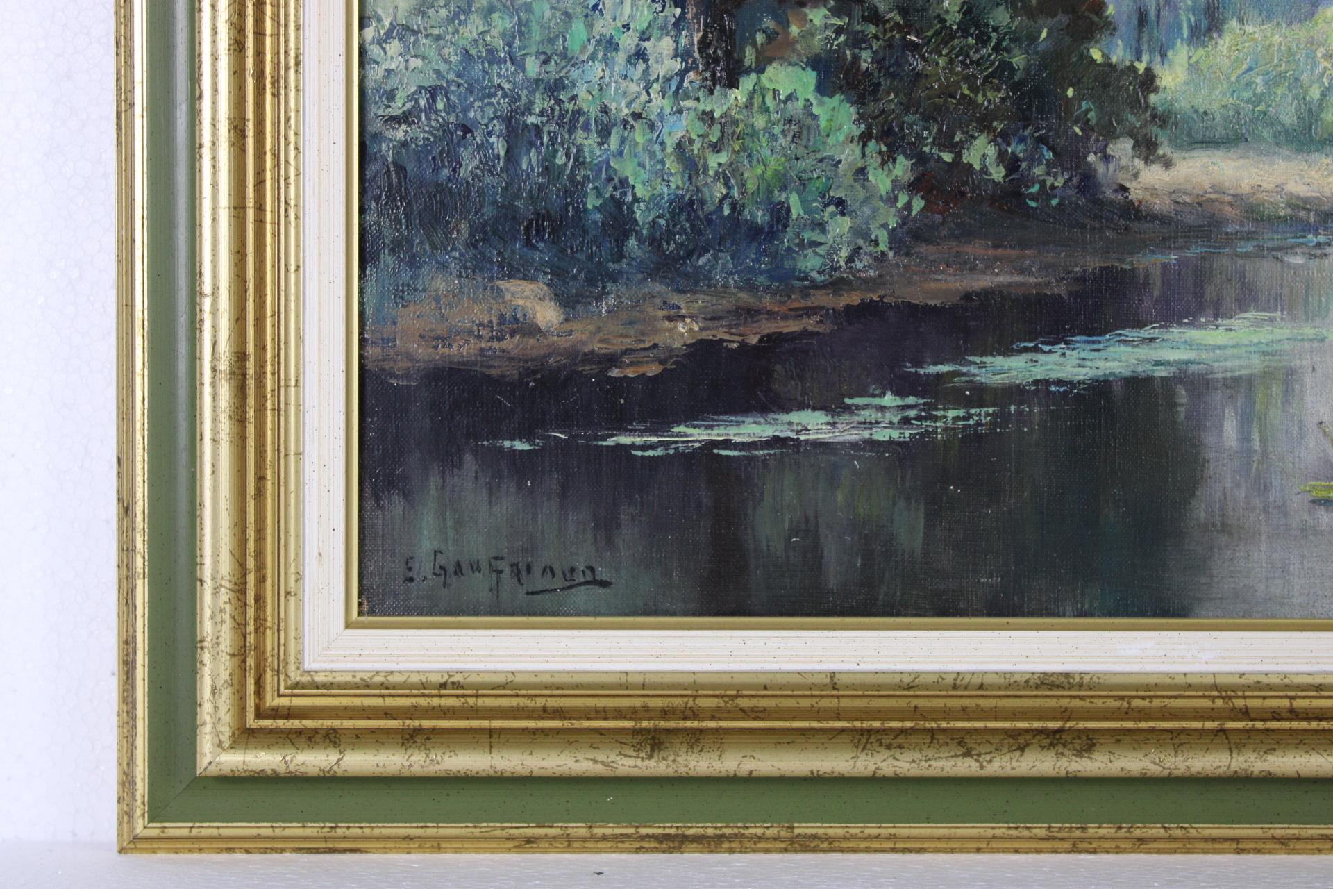 Impressionist landscape, Original Antique Oil on Canvas Washerwomen at the river For Sale 2