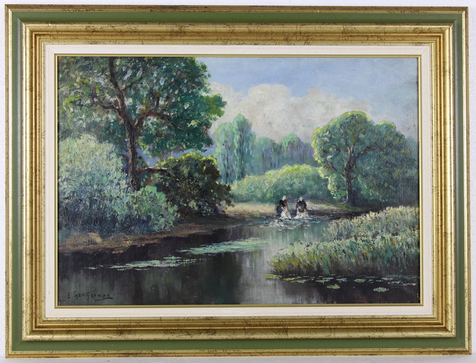 Impressionist landscape, Original Antique Oil on Canvas Washerwomen at the river