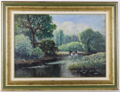 Impressionist landscape, Original Vintage Oil on Canvas Washerwomen at the river