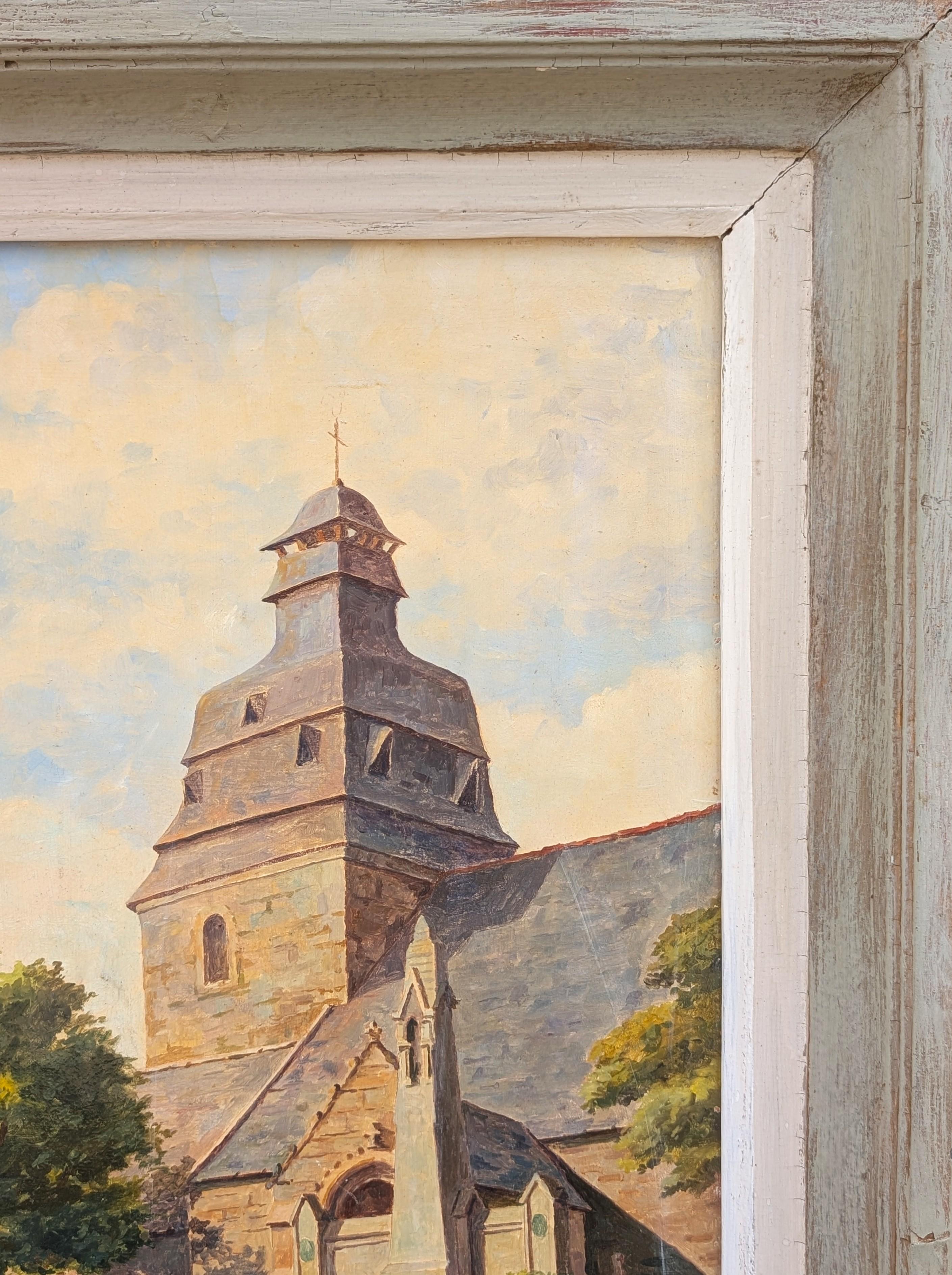 Post-Impressionistic architectural landscape painting of a church in Brittany France by Emile Glevarec. The work features a bright, sunny view of the steps leading up to a church courtyard with a blue sky overhead. Signed in the front lower right