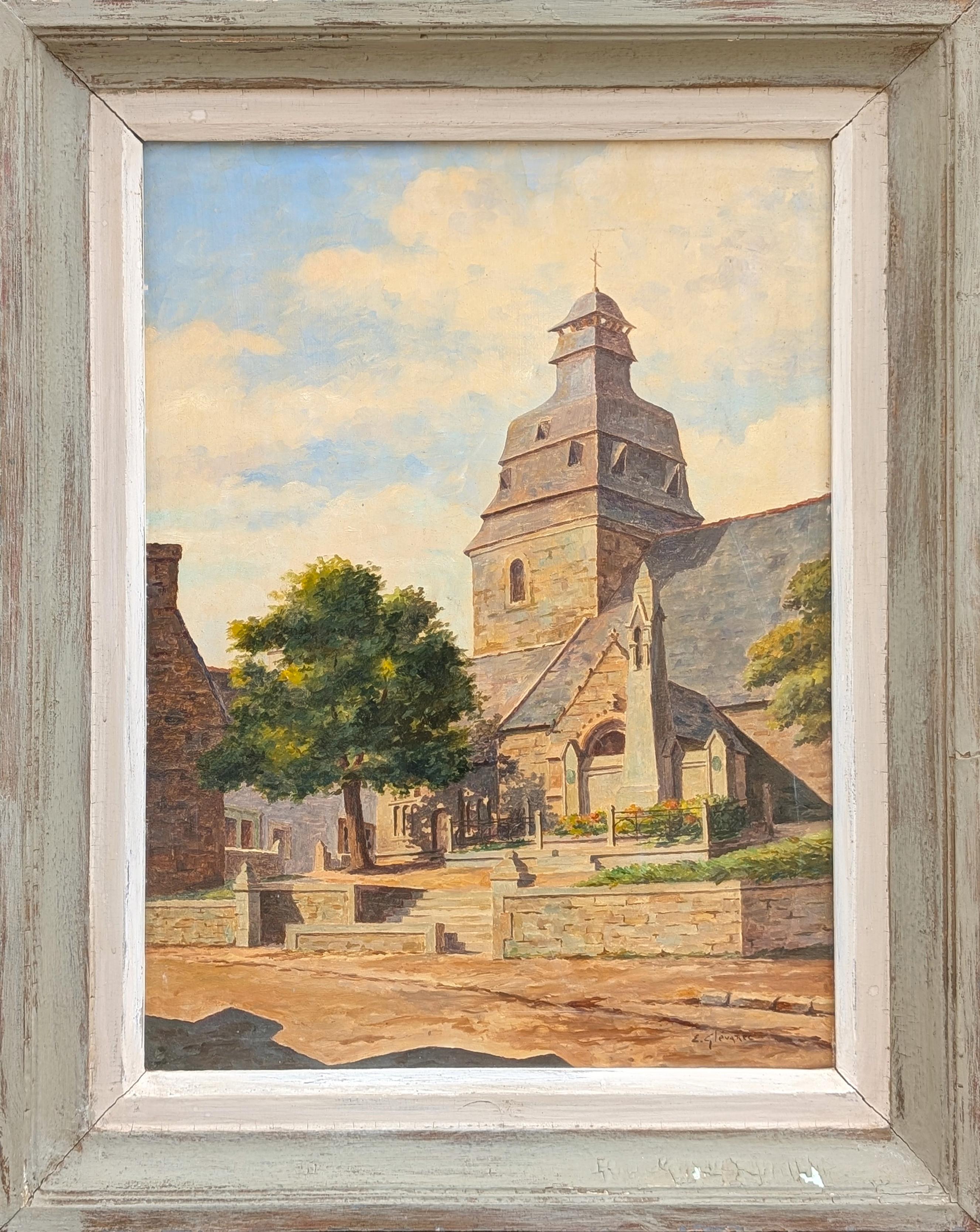 Emile Glevarec Landscape Painting - Post-Impressionistic Architectural Landscape of a Church in Brittany France
