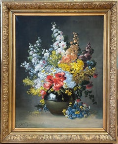 Très grande peinture à l'huile originale et ancienne de fleurs en plein air à profusion abondante