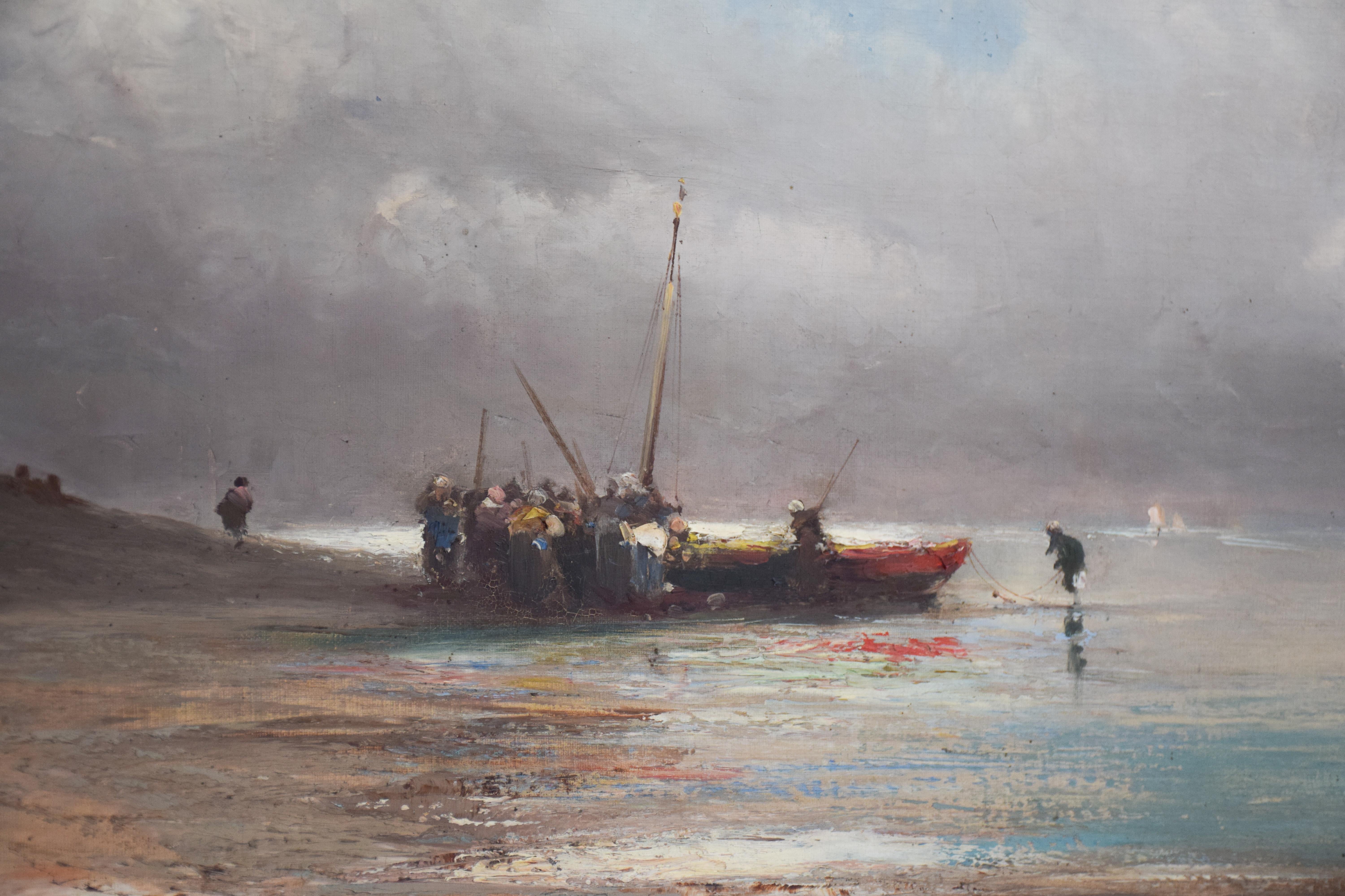 Émile Godchaux 1900’ French ocean Scene Beached Boat and Figures Oil on Canvas In Good Condition For Sale In Andrézieux-Bouthéon, FR