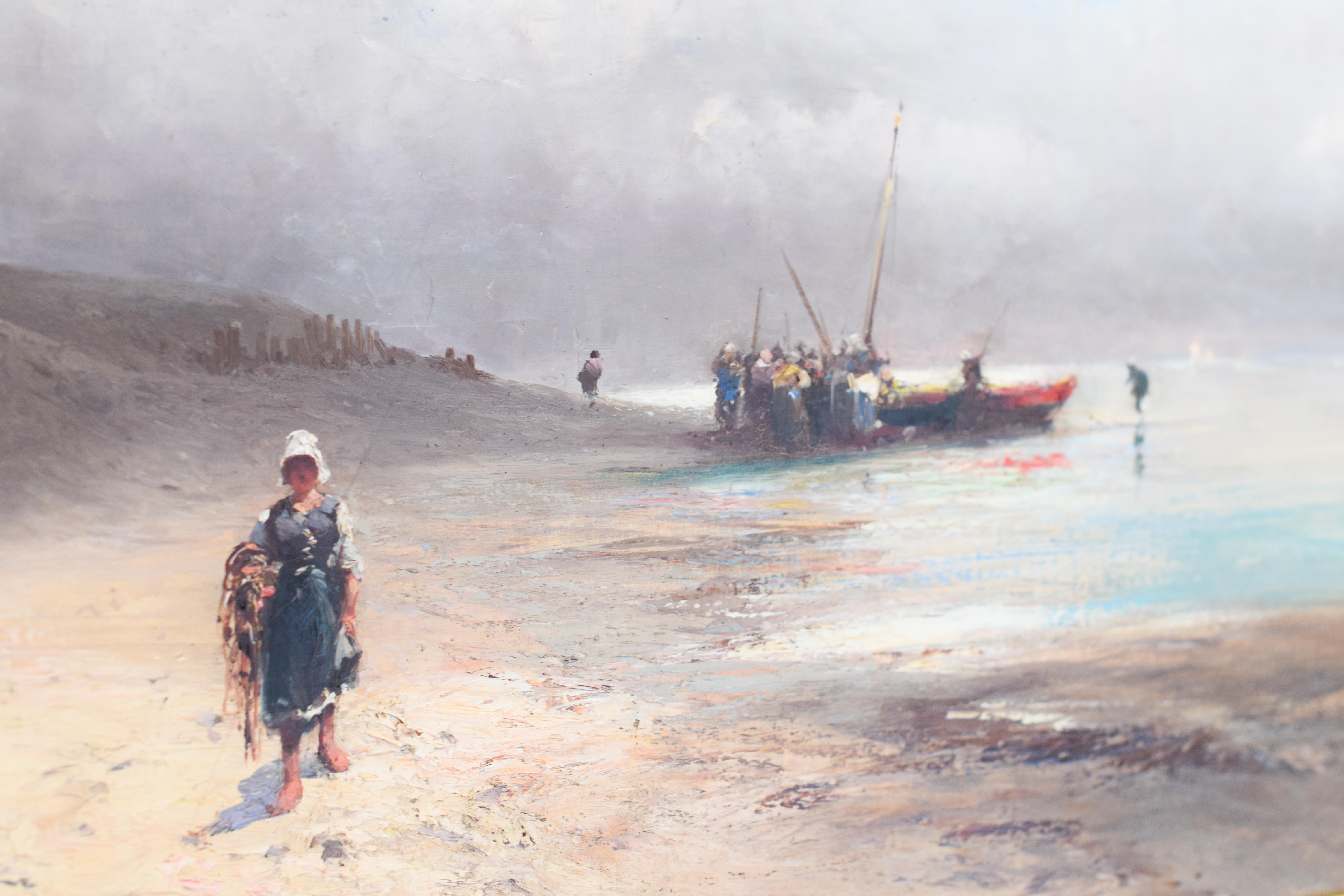 Émile Godchaux 1900’ French ocean Scene Beached Boat and Figures Oil on Canvas For Sale 8