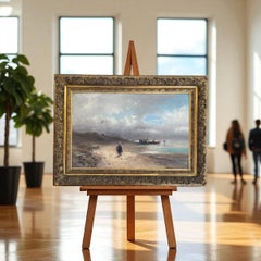 Émile Godchaux 1900’ French ocean Scene Beached Boat and Figures Oil on Canvas