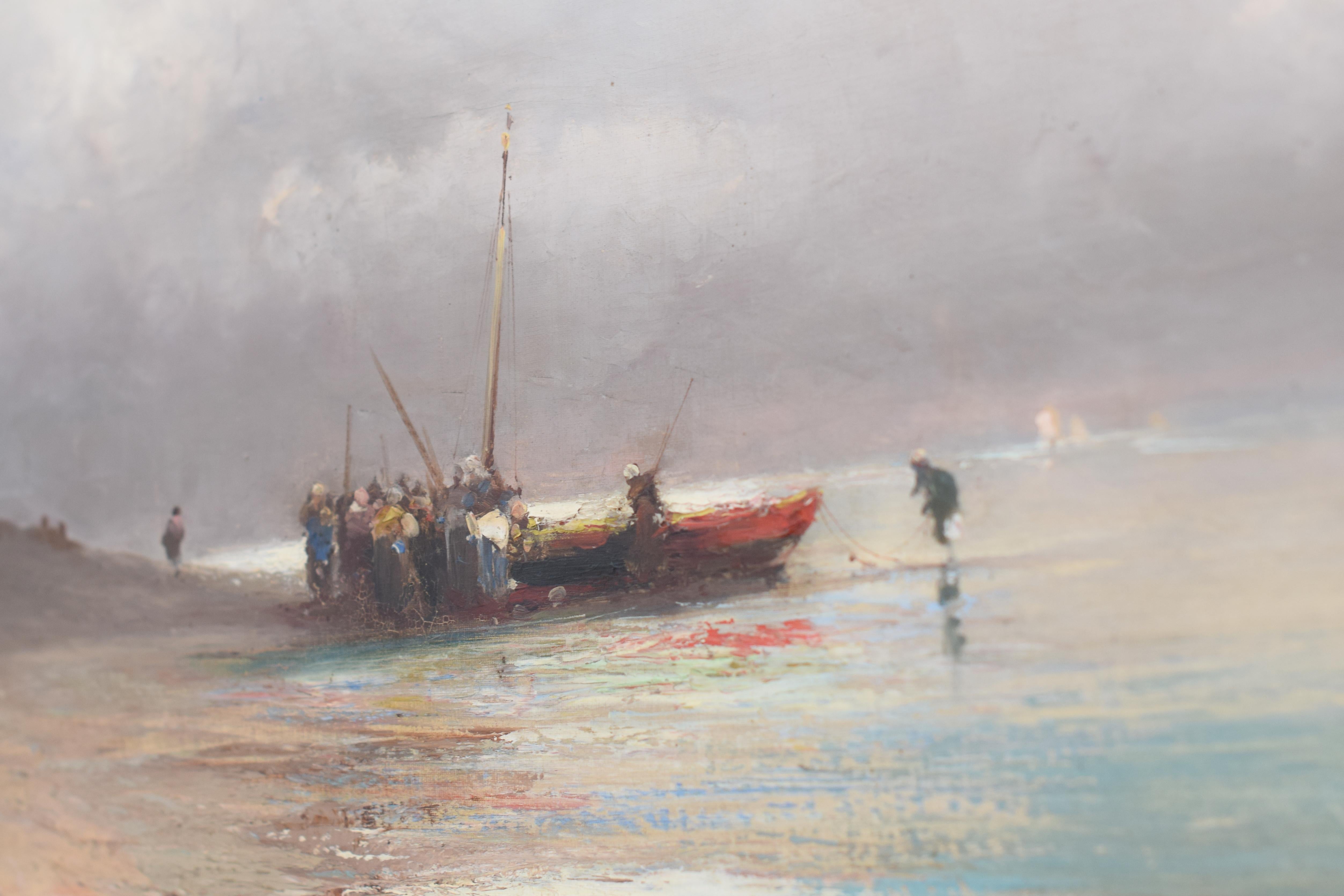 Émile Godchaux 1900’ French ocean Scene Beached Boat and Figures Oil on Canvas For Sale 1