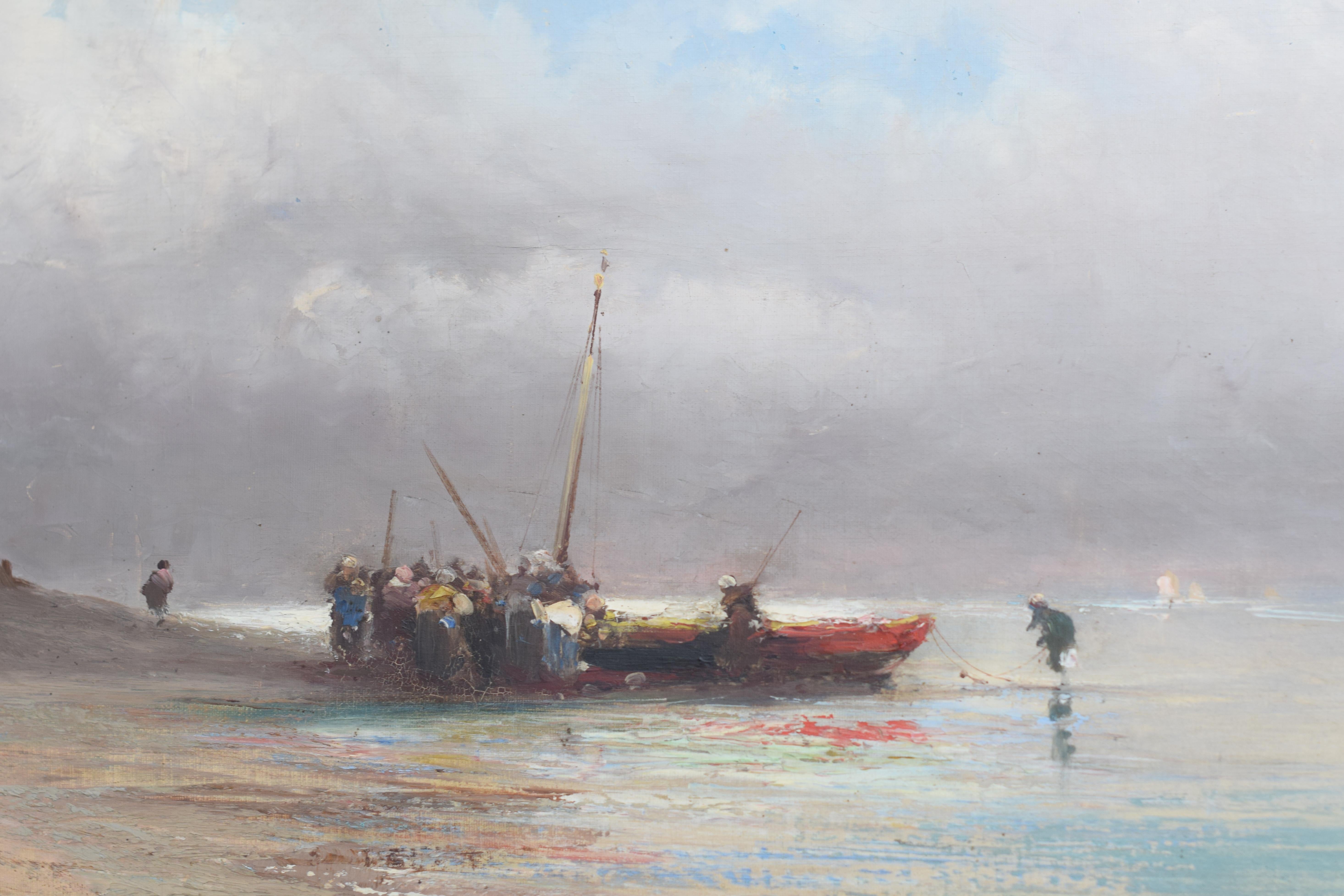Émile Godchaux 1900’ French ocean Scene Beached Boat and Figures Oil on Canvas For Sale 3