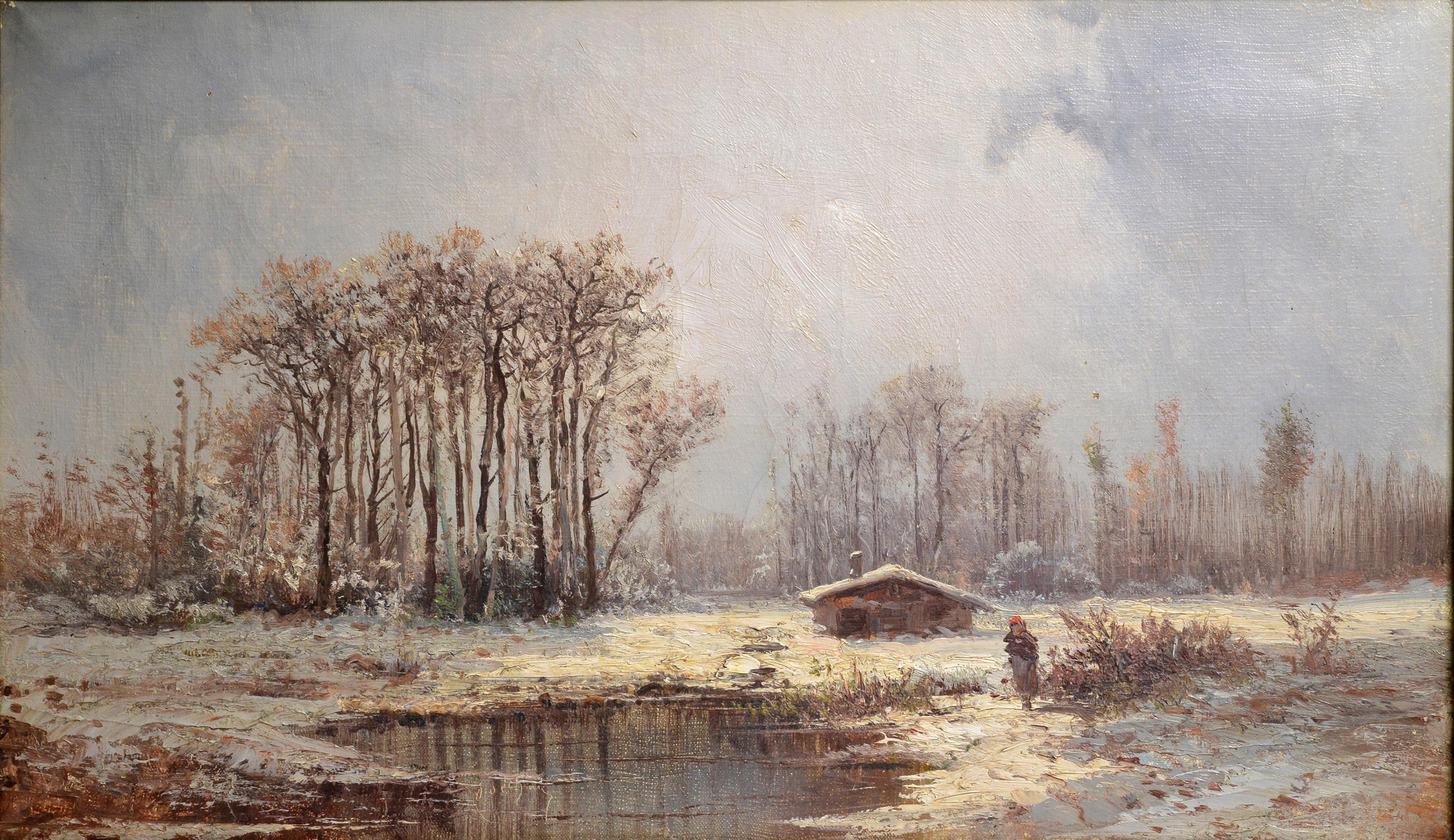 Spring Thaw Barbizon Landscape 19th century Oil painting by French Impressionist - Painting by Emile Godchaux