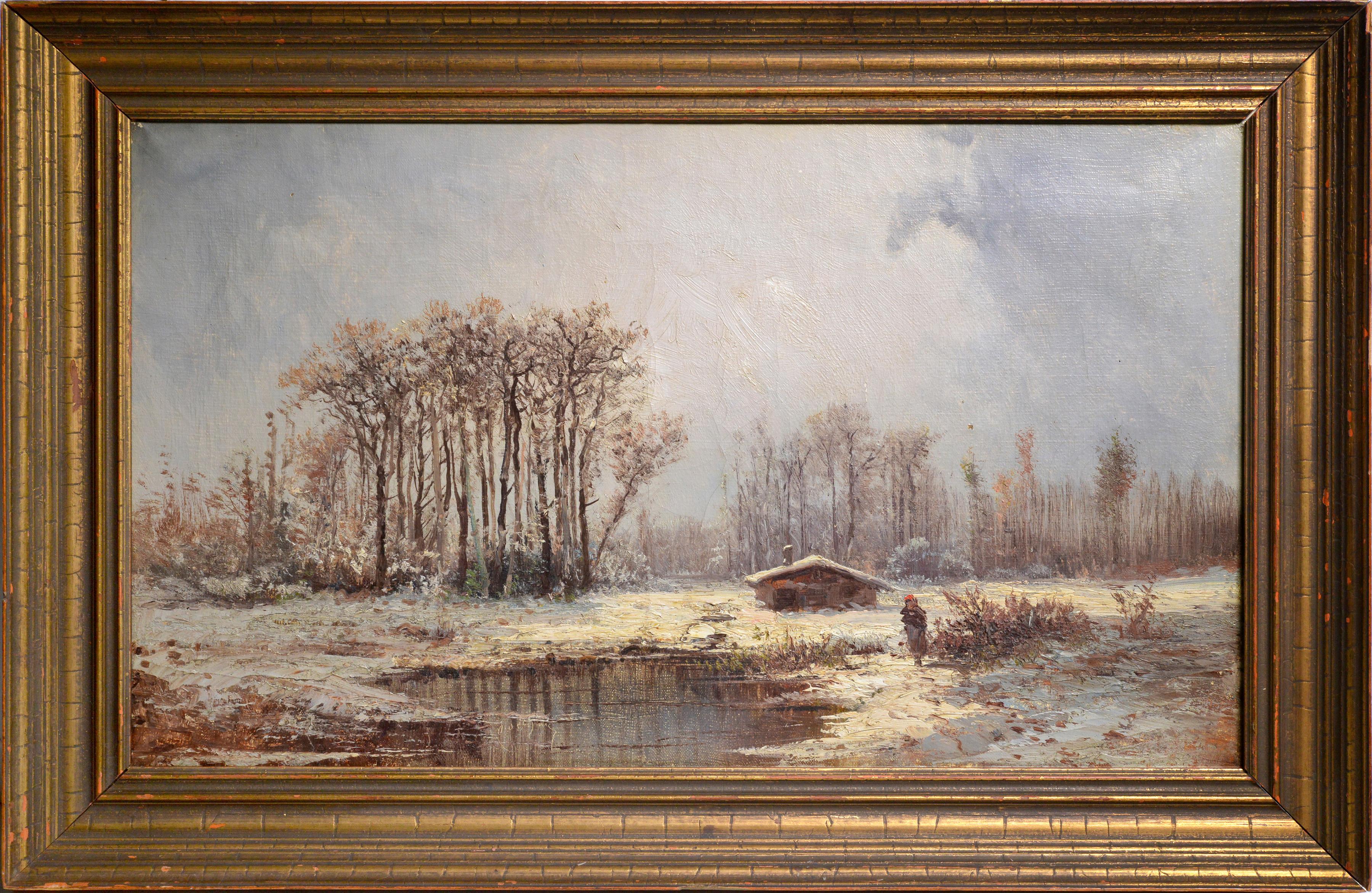 Emile Godchaux Figurative Painting – Spring Thaw Barbizon Landschaft, 19. Jahrhundert, Ölgemälde des französischen Impressionisten