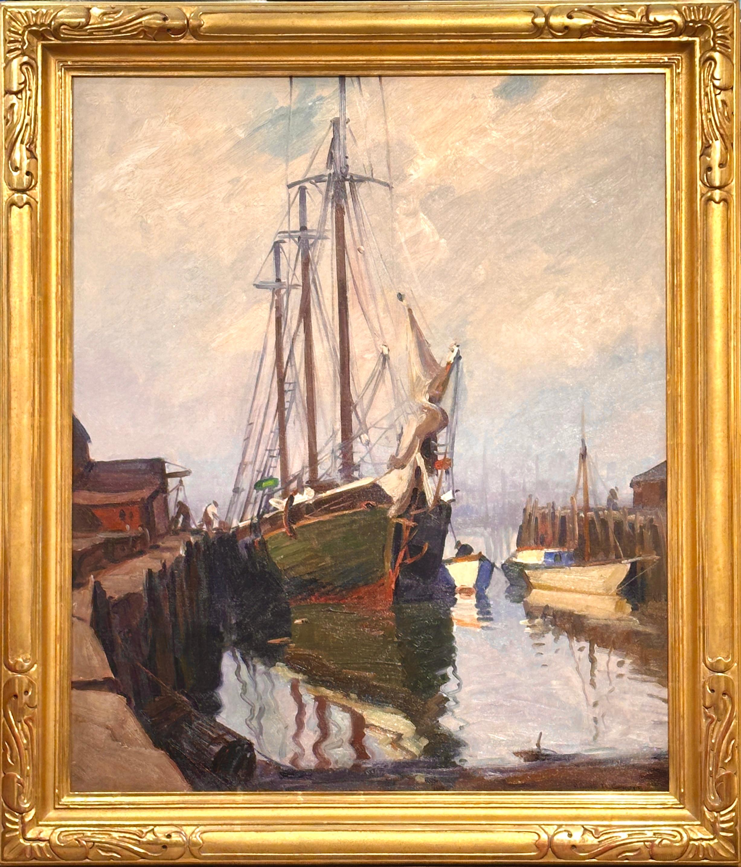 Emile Gruppe, Schooner in Gloucester Harbor, Seascape in vendita 1