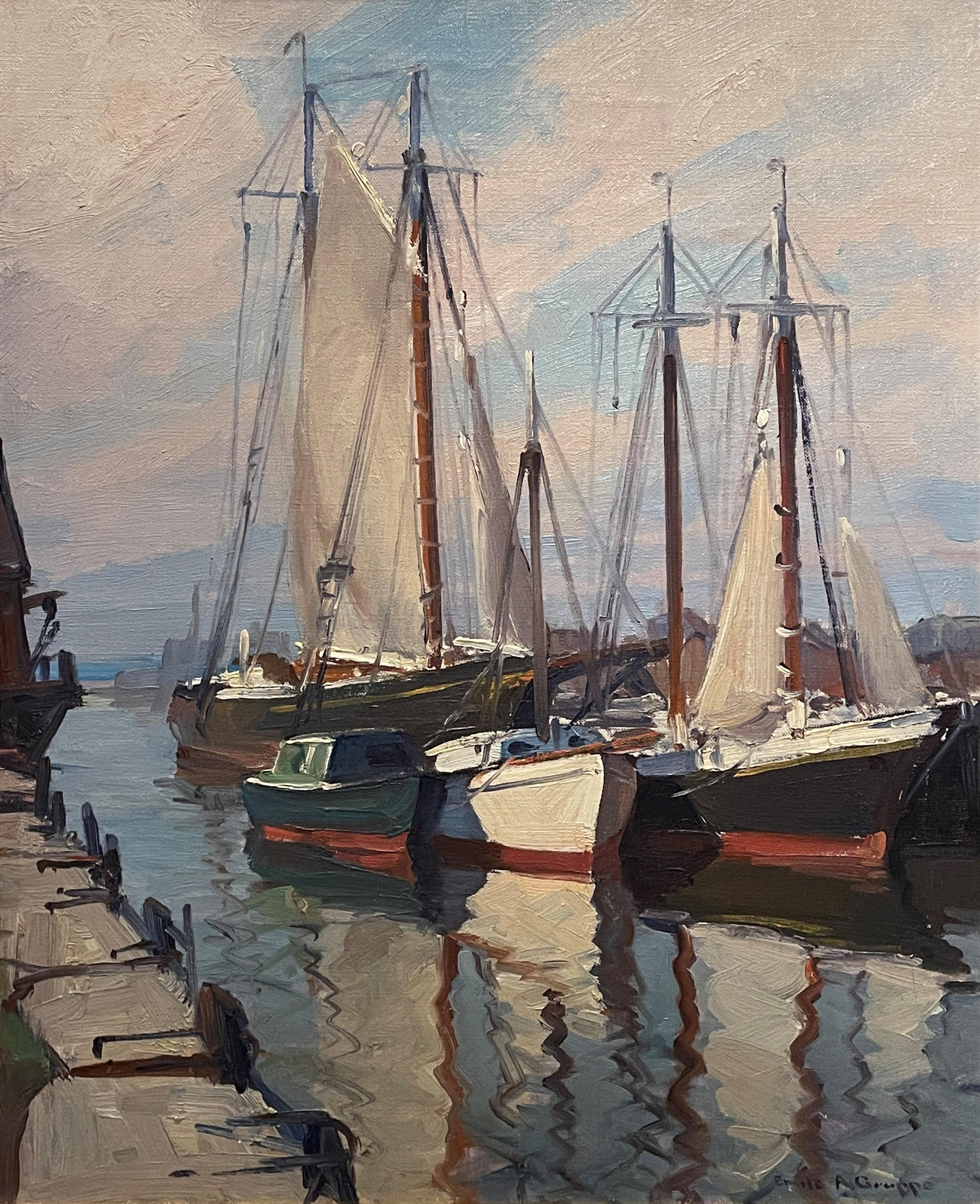 Emile Gruppe
Drying the Sails
Signed lower right
Oil on canvas
24 x 20 inches

Emile Gruppe was an unusually prolific artist. He was at his easel almost every day and created thousands of paintings over a career that lasted 60 years. At his peak, he