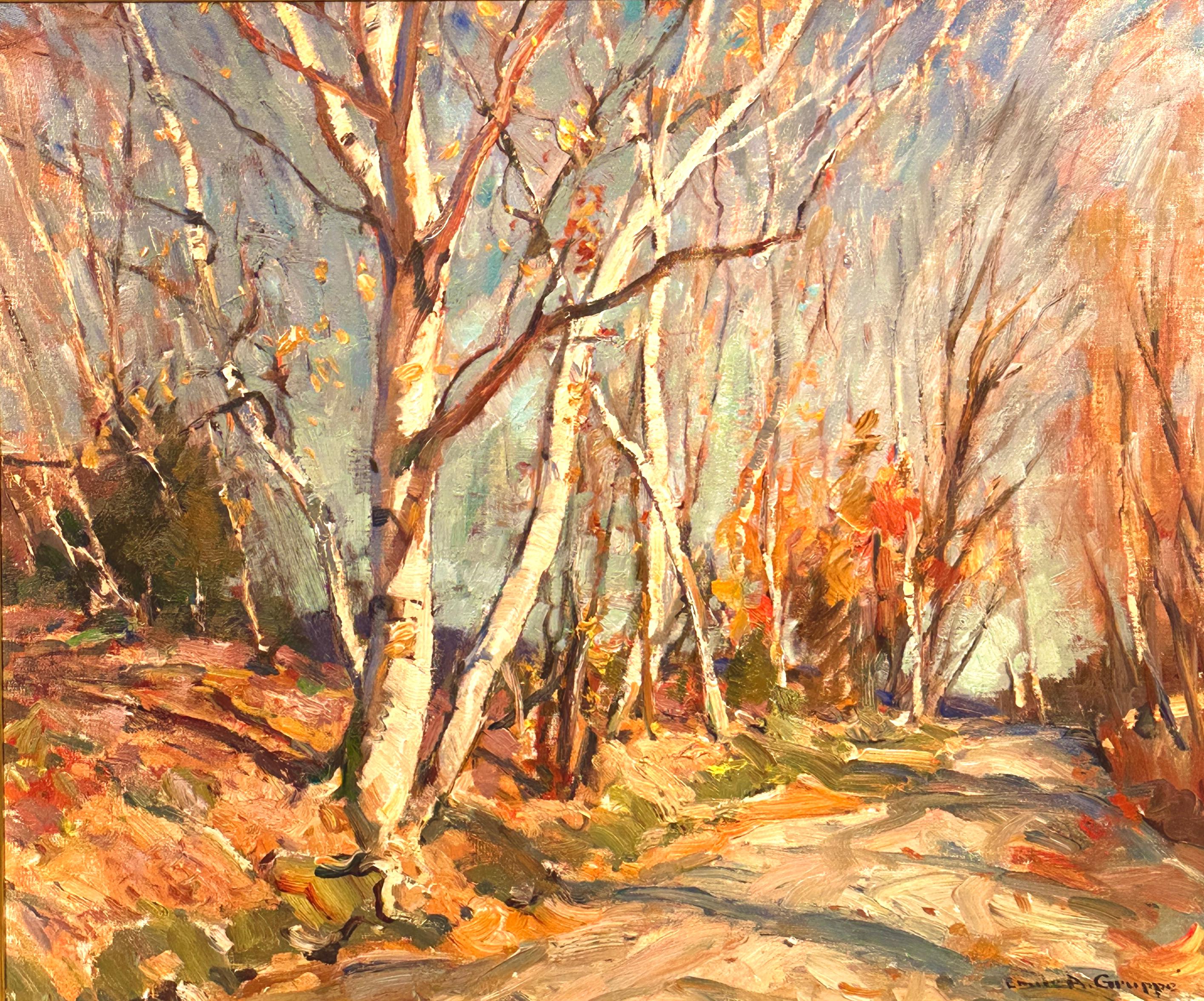 Landscape Painting Emile Gruppe - Emile A. Gruppé, « Country Road », paysage impressionniste aux bouleaux, peinture à l'huile