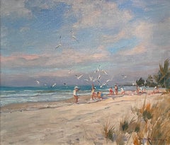 „Feeding the Gulls“ Emile Gruppe, Florida Coastal Beach Scene, Impressionist
