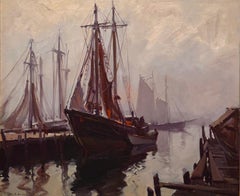 "Foggy Morning" Gloucester Seascape of Fishing Schooner Boats, Impressionist