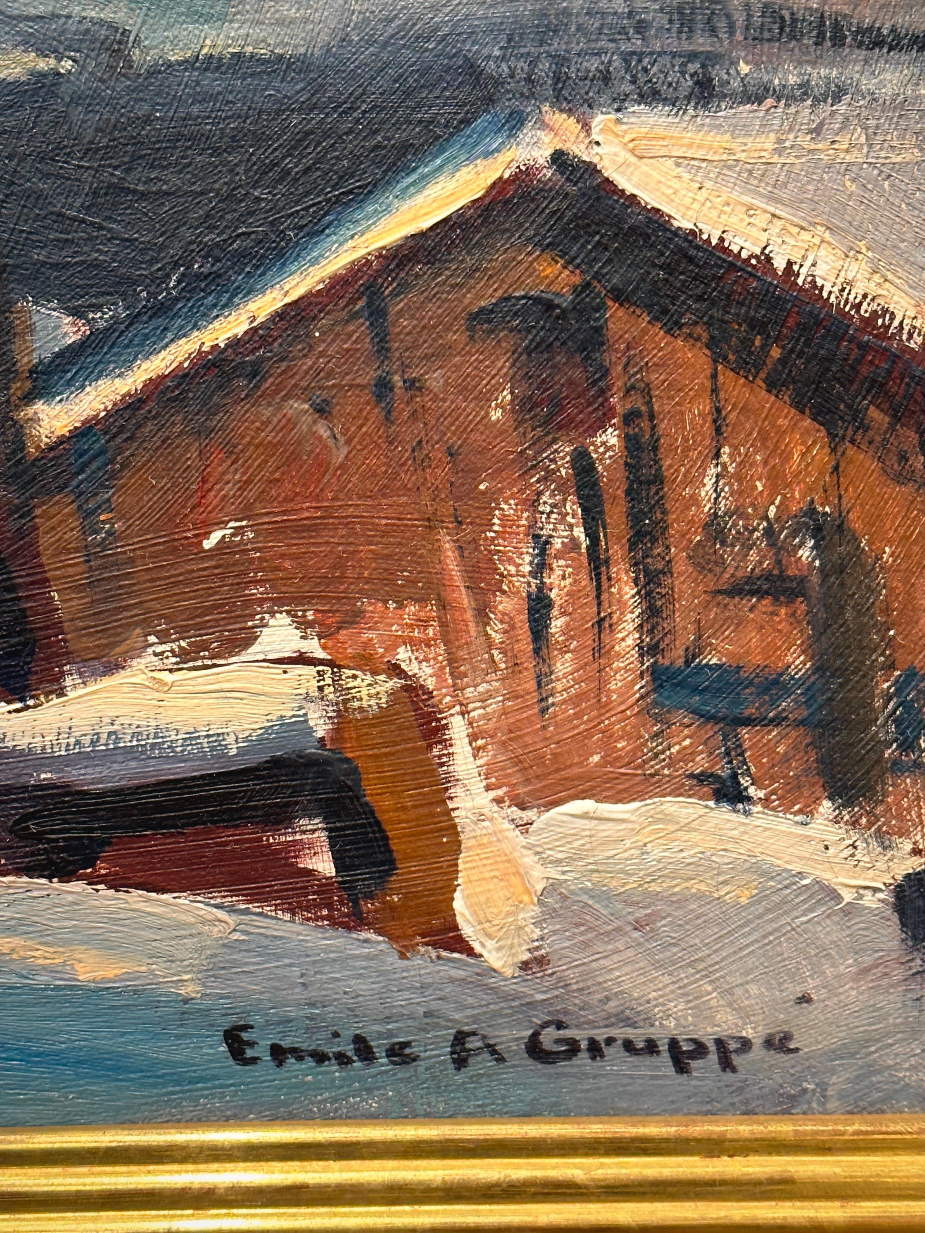 « Out My Studio Window » du maître de l'école Cape Ann, Rocky Neck, Gloucester - Impressionnisme américain Painting par Emile Gruppe