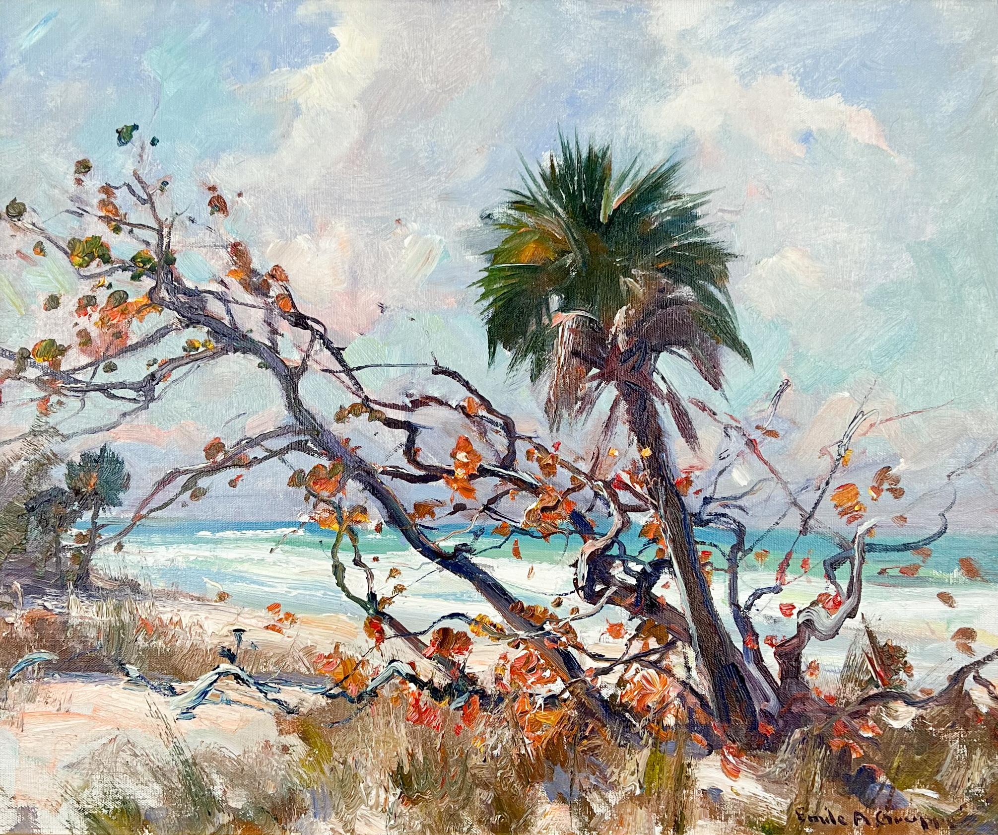 Seascape at Naples Beach, Florida- Küstenlandschaft, Ölgemälde in Goldrahmen – Painting von Emile Gruppe