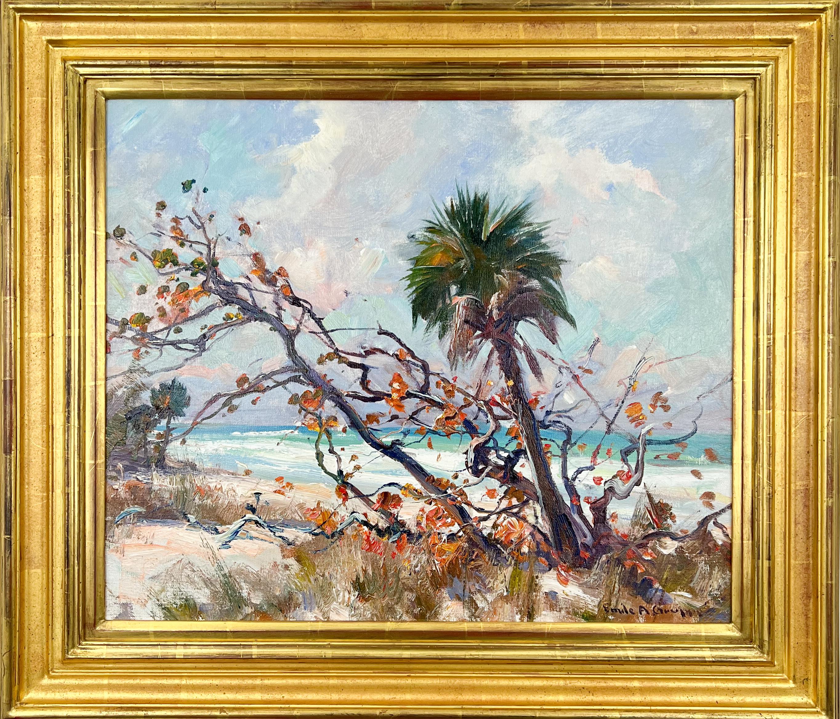 Paisaje marino en la playa de Naples, Florida- Pintura al óleo de paisaje costero en marco dorado