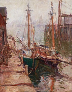 Vintage "Waiting for the Tide to Rise, " Emile Gruppe, Boats at Dock, Cape Ann School