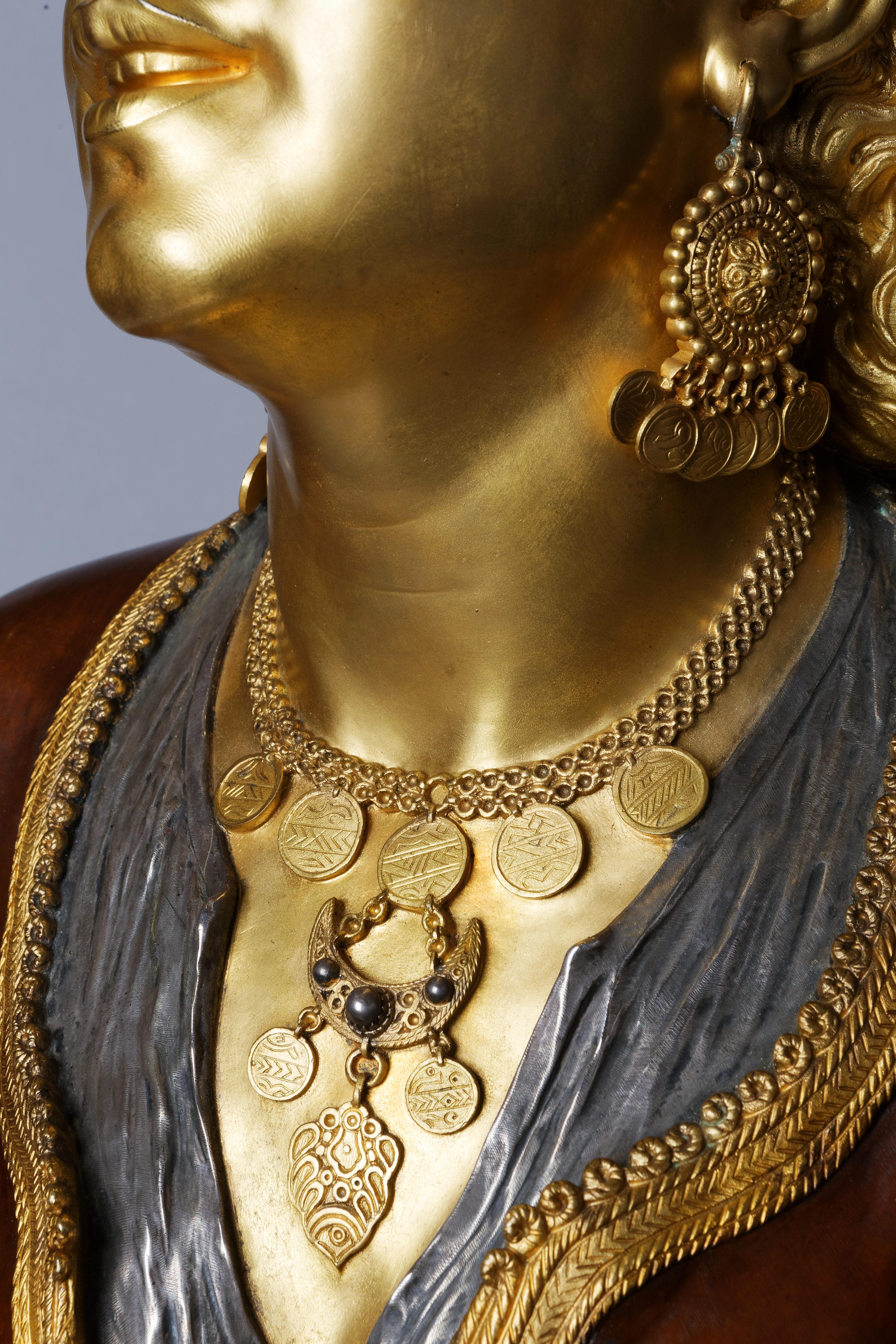 Bust of an Oriental woman - Gold Figurative Sculpture by Émile Guillemin