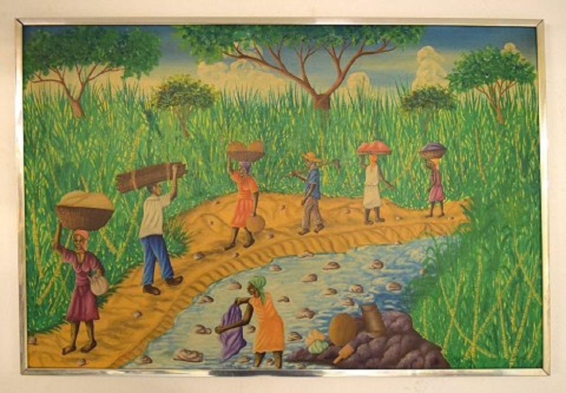 Emile, Haitian artist. Naivist school. Oil on canvas, 1970s.
Local workers walking by the river.
Signed.
In very good condition.
The canvas measures: 118 x 89 cm. The frame measures 2 cm.