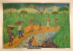 Emile, artiste haïtien, école naïviste, huile sur toile, années 1970, ouvriers locaux