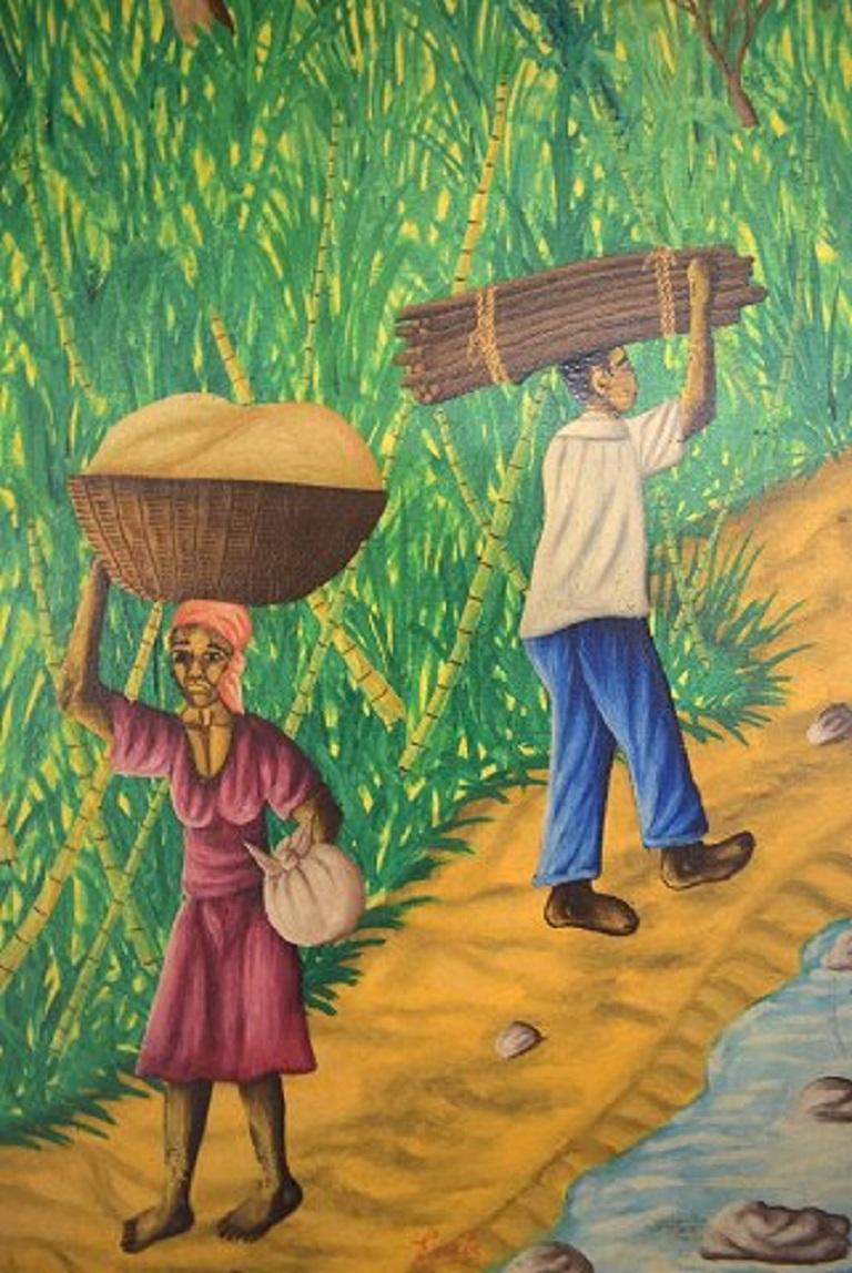 Late 20th Century Emile, Haitian Artist, Naivist School, Oil on Canvas, 1970s, Local Workers For Sale