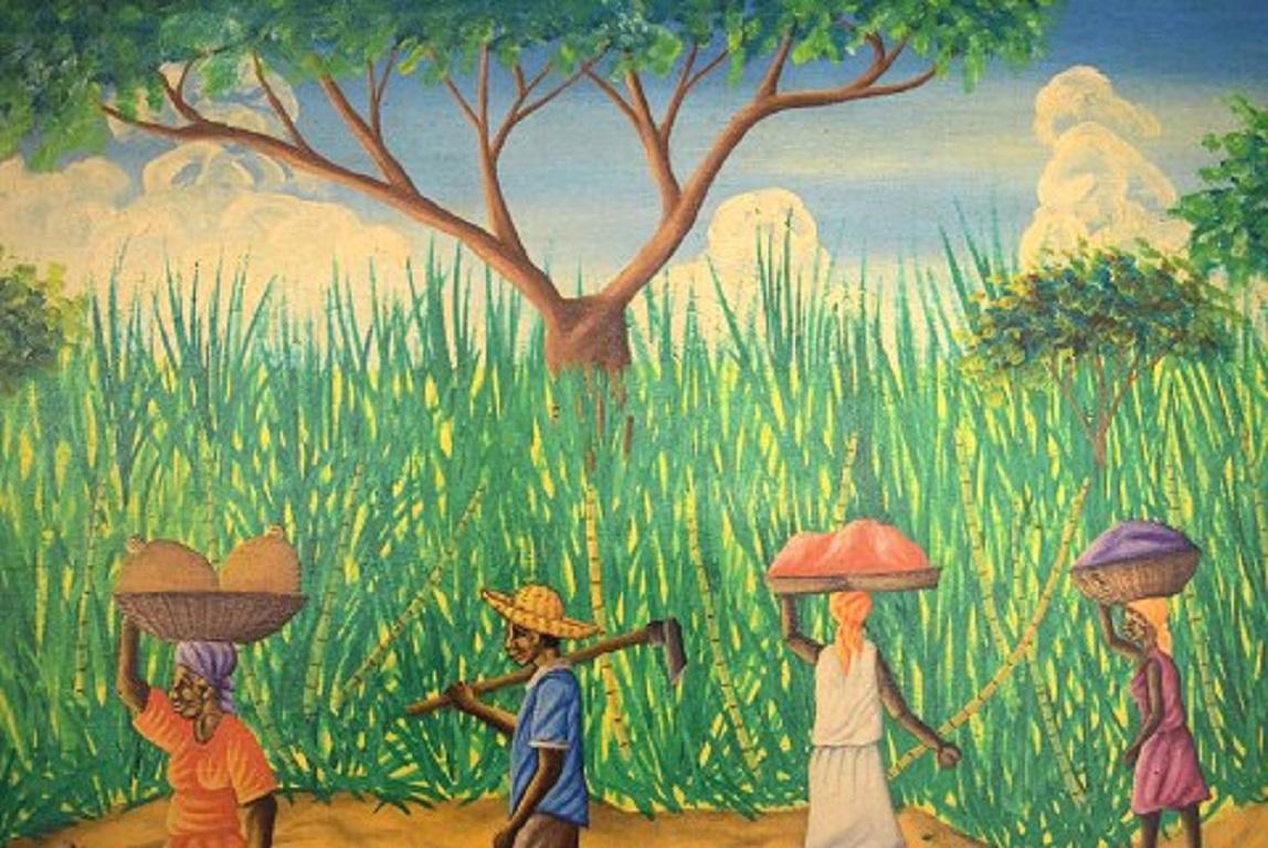 Emile, Haitian Artist, Naivist School, Oil on Canvas, 1970s, Local Workers For Sale 1