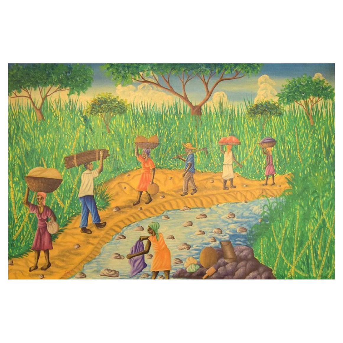 Emil Emile Emile, haitianischer Künstler, Schule der Naivistischen Bewegung, Öl auf Leinwand, 1970er Jahre, lokale Arbeiter